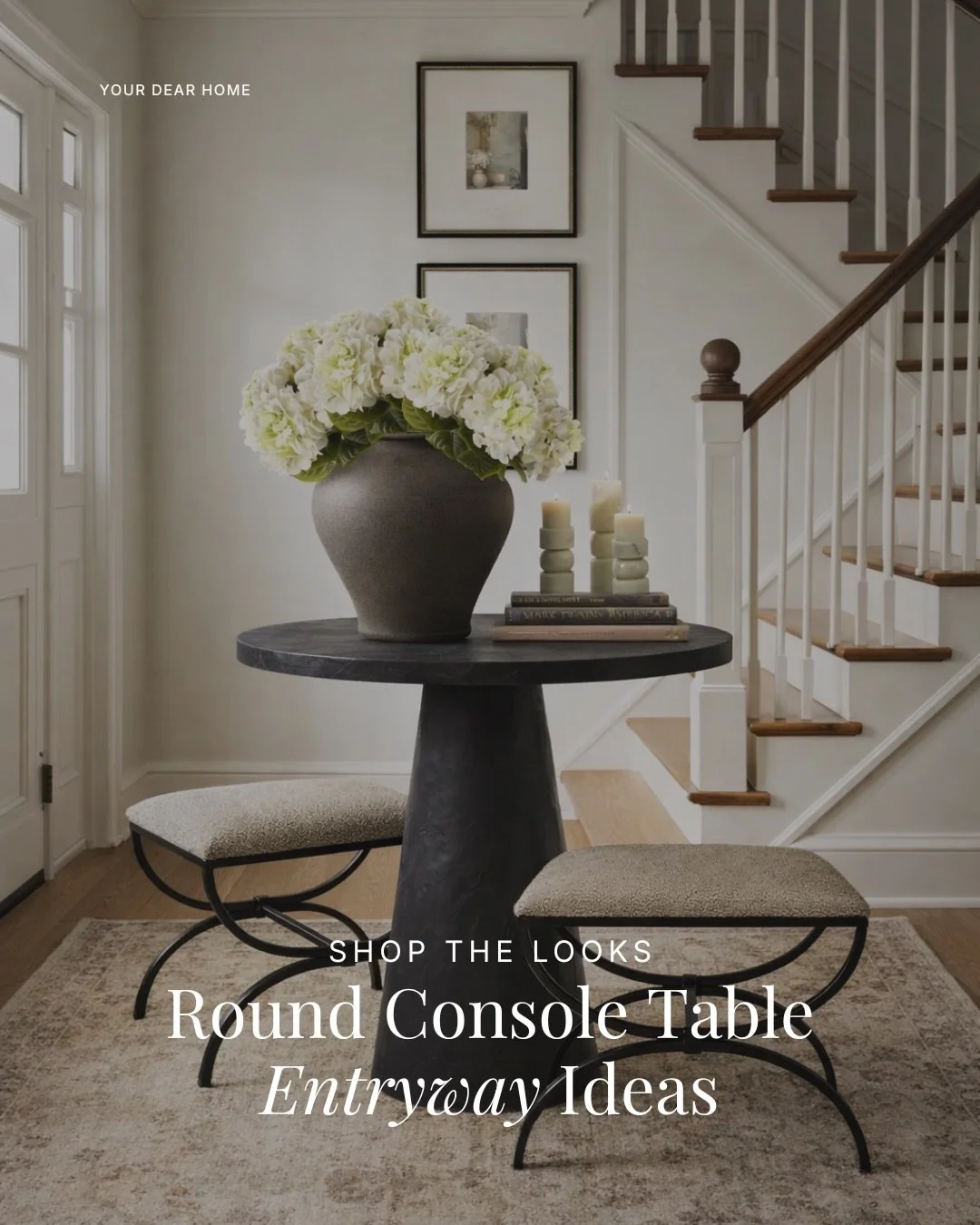 Of all the ways to upgrade your decor skills, this one feels the most royal to me&hellip; a round entryway setup. 😍

There is just something so grand about walking into a home and seeing a perfectly styled round table with ottomans tucked around it.