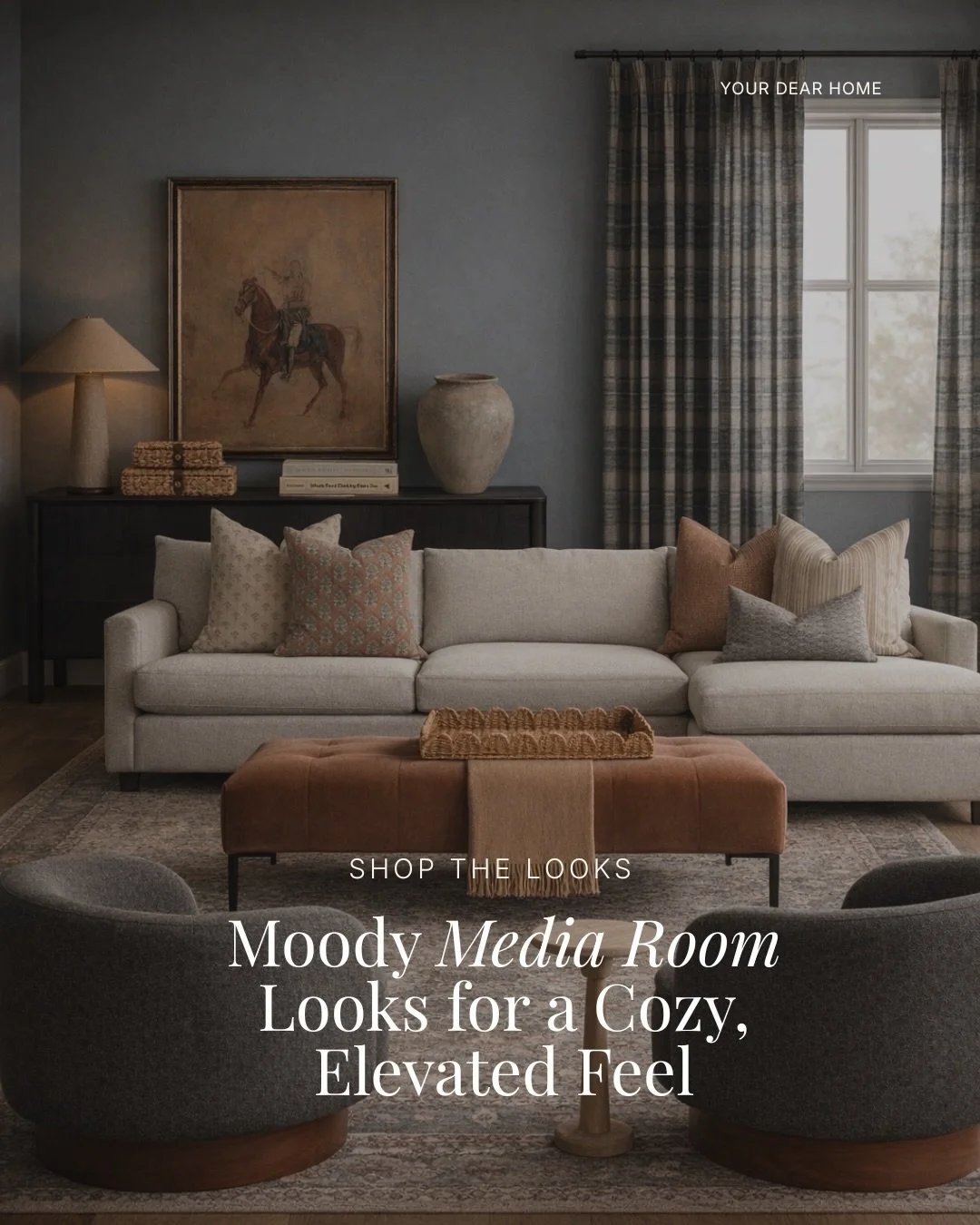 If you have a media room or a bonus room, color drenching it for a moody vibe is one of those designer moves that always works! It makes the space feel cozy, elevated, and perfect for winding down.

Sharing two moody media room looks with deep, muted