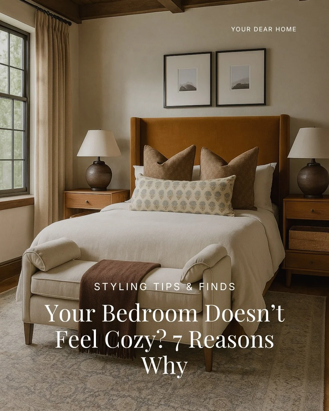 Creating a cozy bedroom has a lot more to do with how the pieces interact with each other than the individual pieces you buy.

There are some non-negotiables every bedroom needs to feel cozy. Think tall pinch pleat blackout curtains, layered lighting