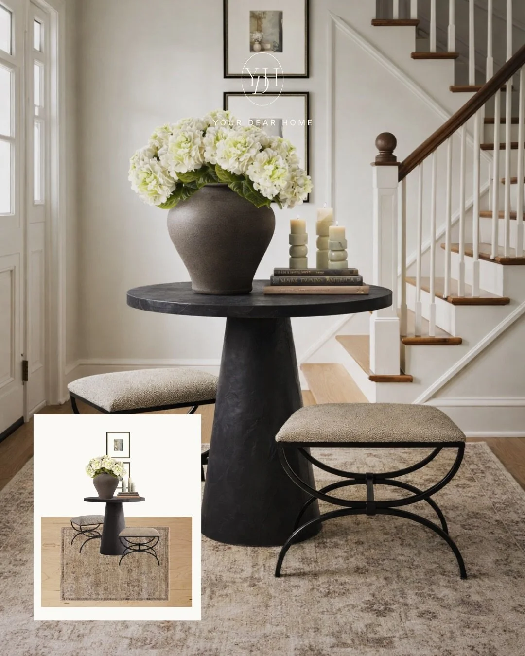 One of the chicest ways to style an entryway is with a floating console table layered with stylish ottomans and elevated decor. It keeps the space feeling airy, polished, and functional all at once. Here are a few entryway moodboards I curated for in