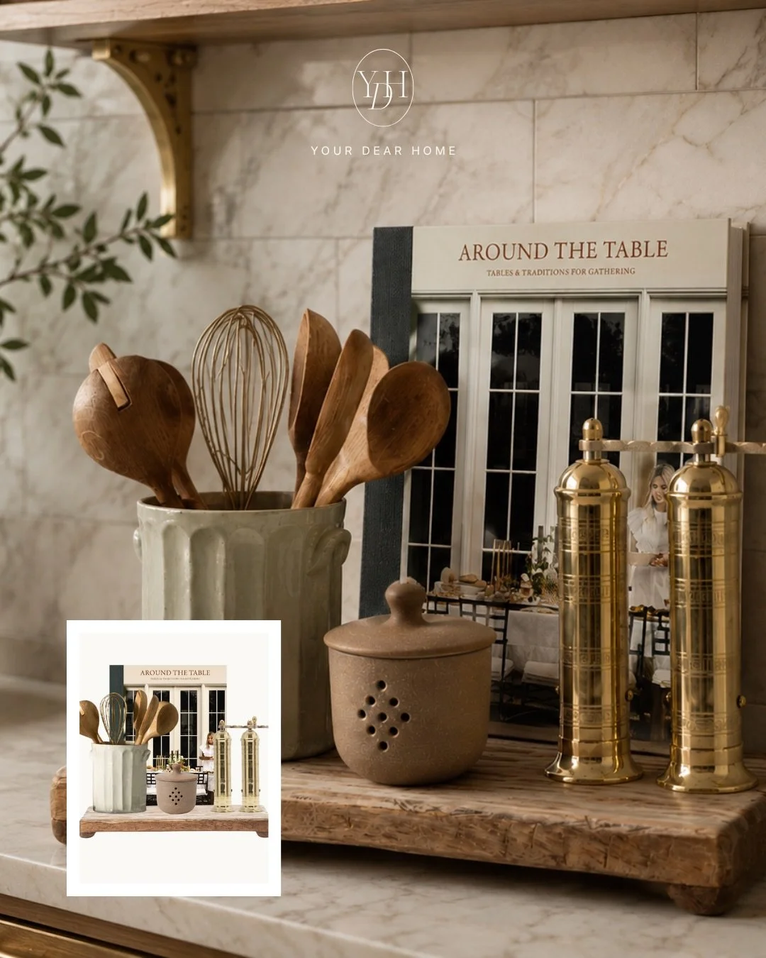 The best kitchens aren&rsquo;t styled with dozens of decorative accessories. They&rsquo;re styled with a handful of beautiful everyday pieces layered thoughtfully. 🤎

A stack of favorite cookbooks, a collection of wooden utensils, metallic accents, 