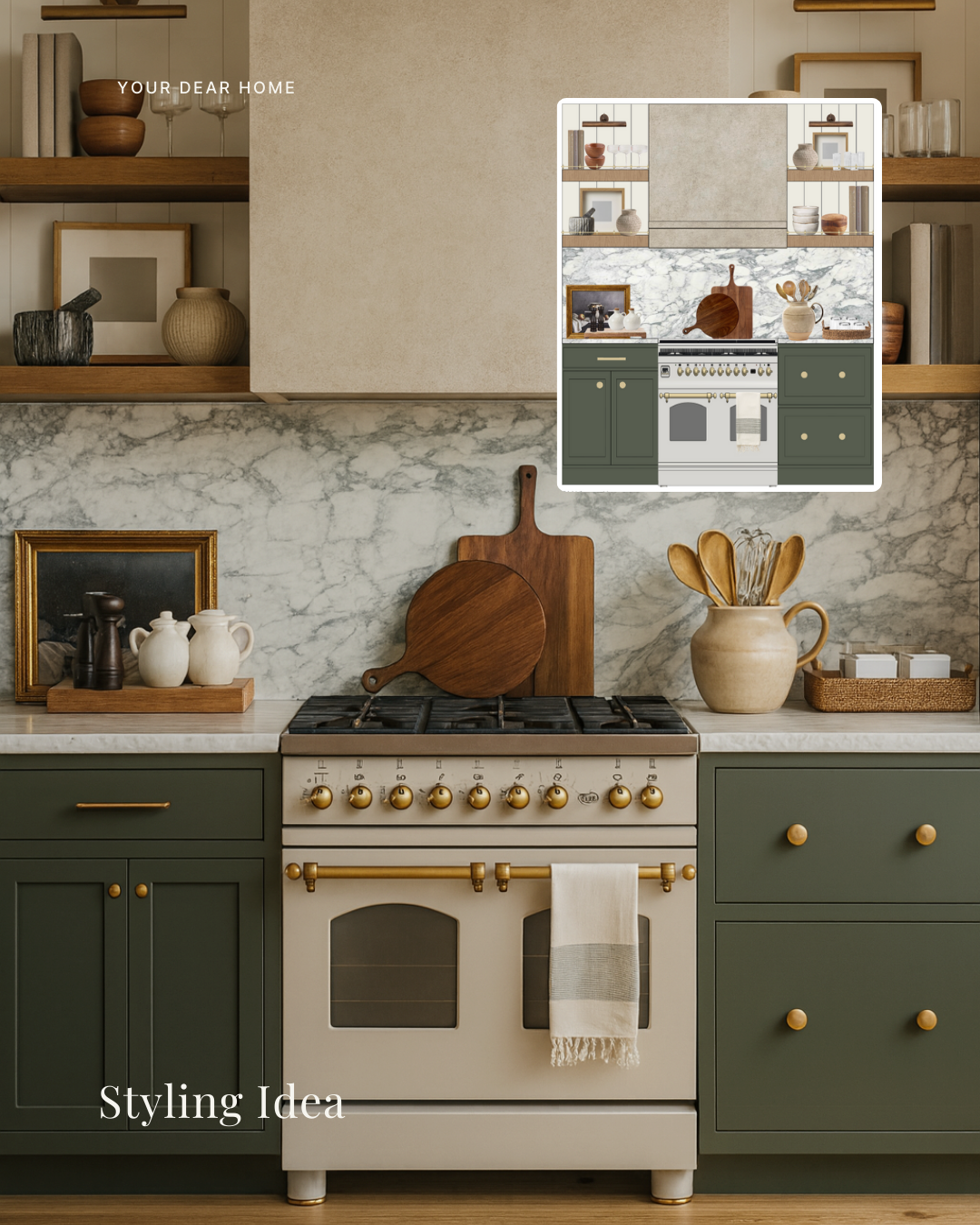 Kitchen countertop styling idea using fresh produce, wooden trays, and neutral decor for a clean designer look