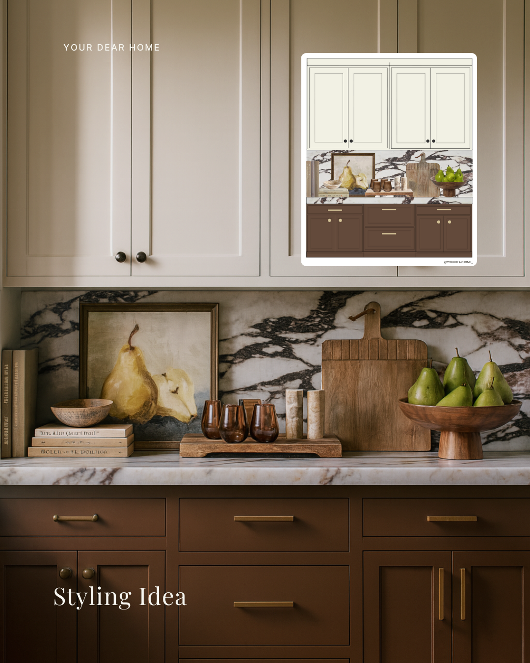 Kitchen countertop styling idea using fresh produce, wooden trays, and neutral decor for a clean designer look