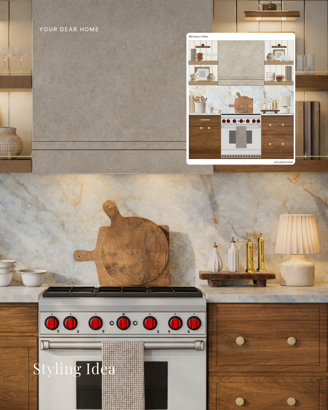 Kitchen countertop styling idea using fresh produce, wooden trays, and neutral decor for a clean designer look