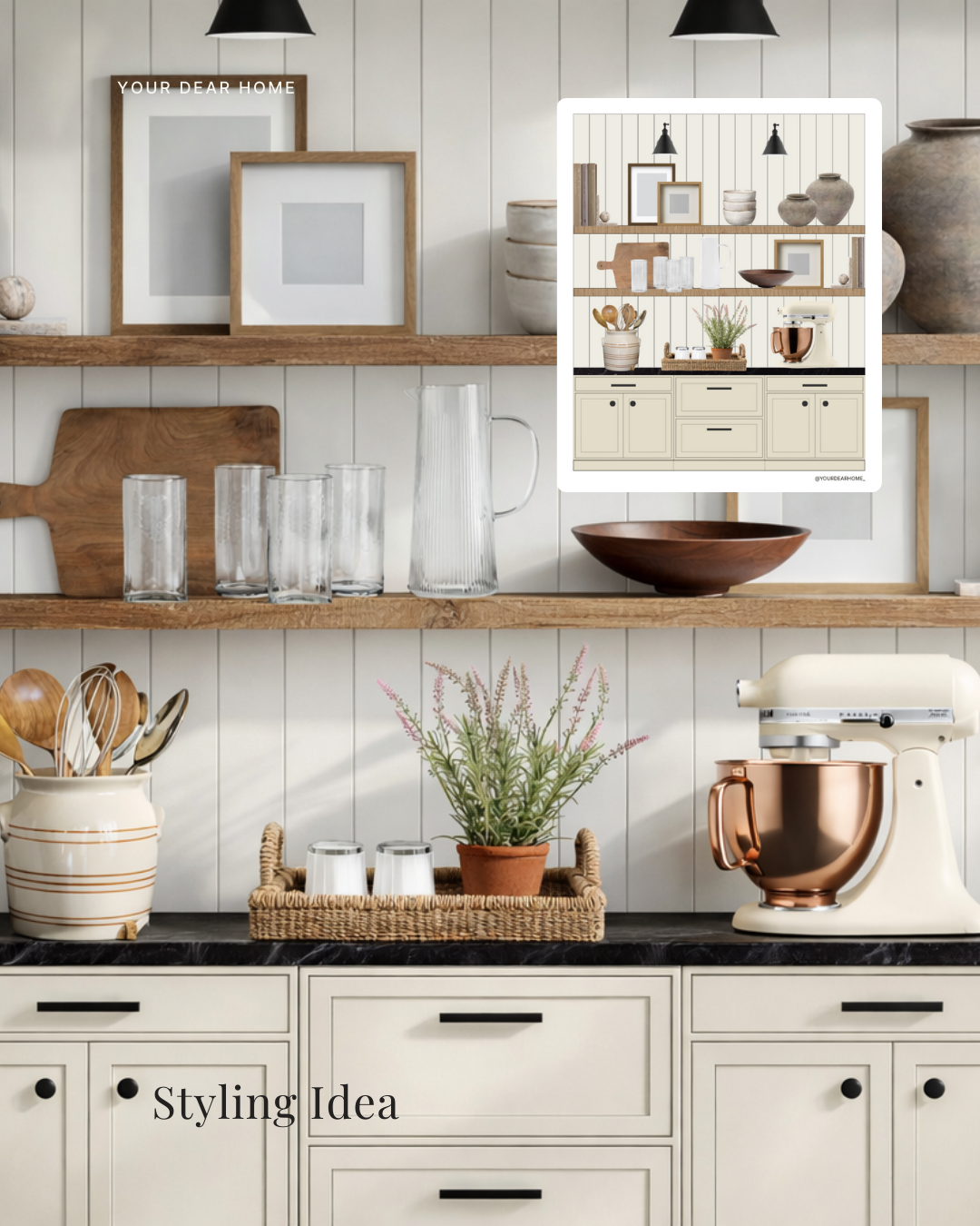 Kitchen countertop styling idea using fresh produce, wooden trays, and neutral decor for a clean designer look