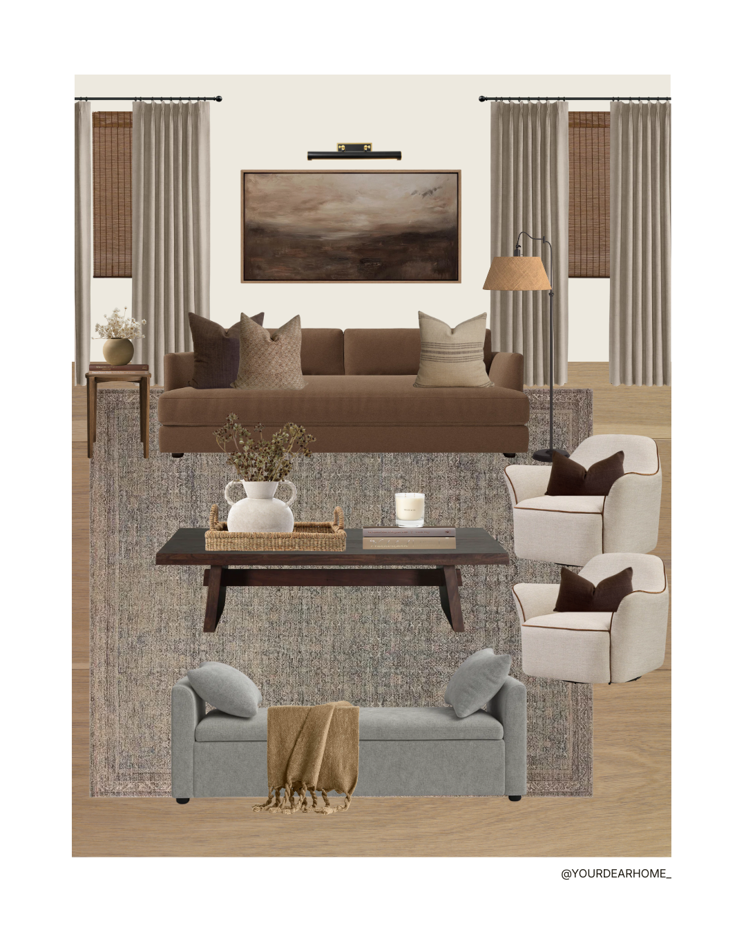Warm neutral living room with chocolate brown sofa, creamy swivel chairs, rattan shades, and layered textiles styled in the 2026 chocolate-brown trend.