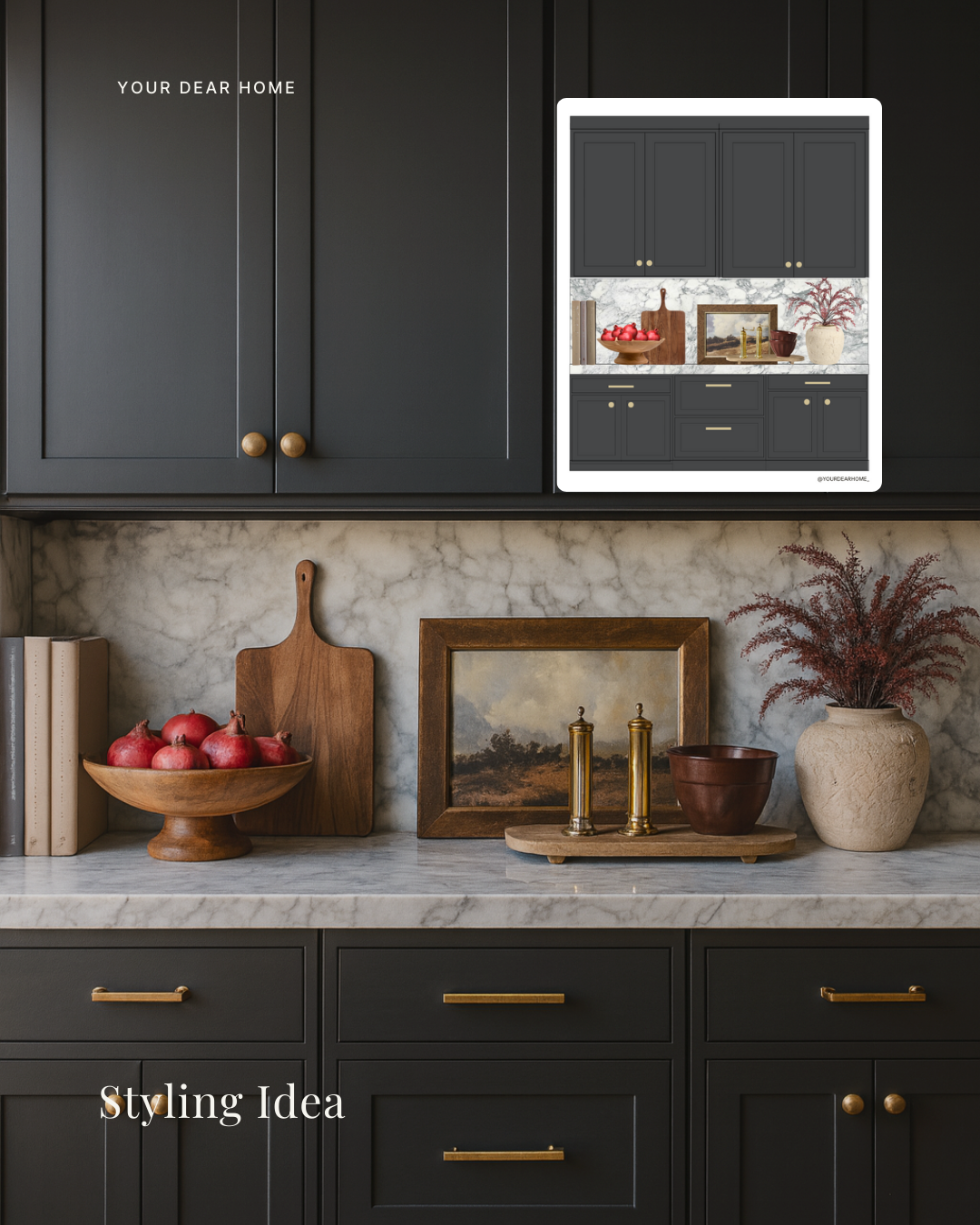 Kitchen countertop styling idea using fresh produce, wooden trays, and neutral decor for a clean designer look