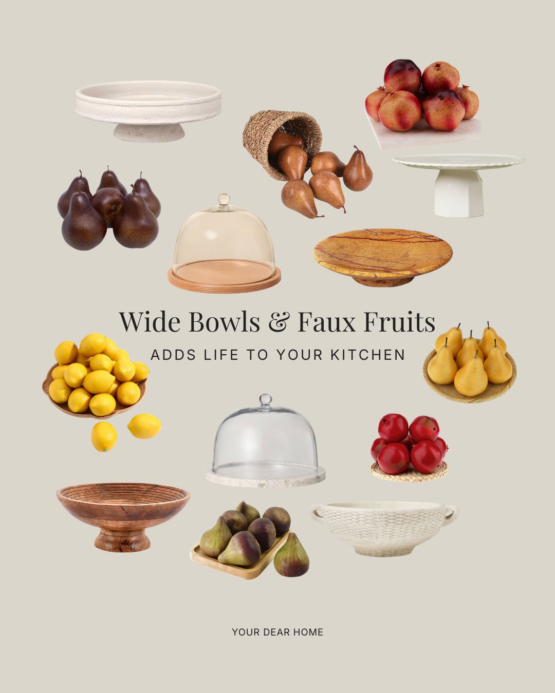 Kitchen countertop styling idea using fresh produce, wooden trays, and neutral decor for a clean designer look