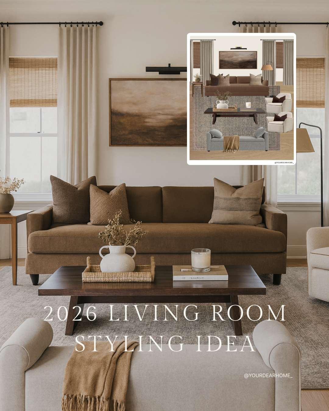 Warm neutral living room with chocolate brown sofa, creamy swivel chairs, rattan shades, and layered textiles styled in the 2026 chocolate-brown trend.