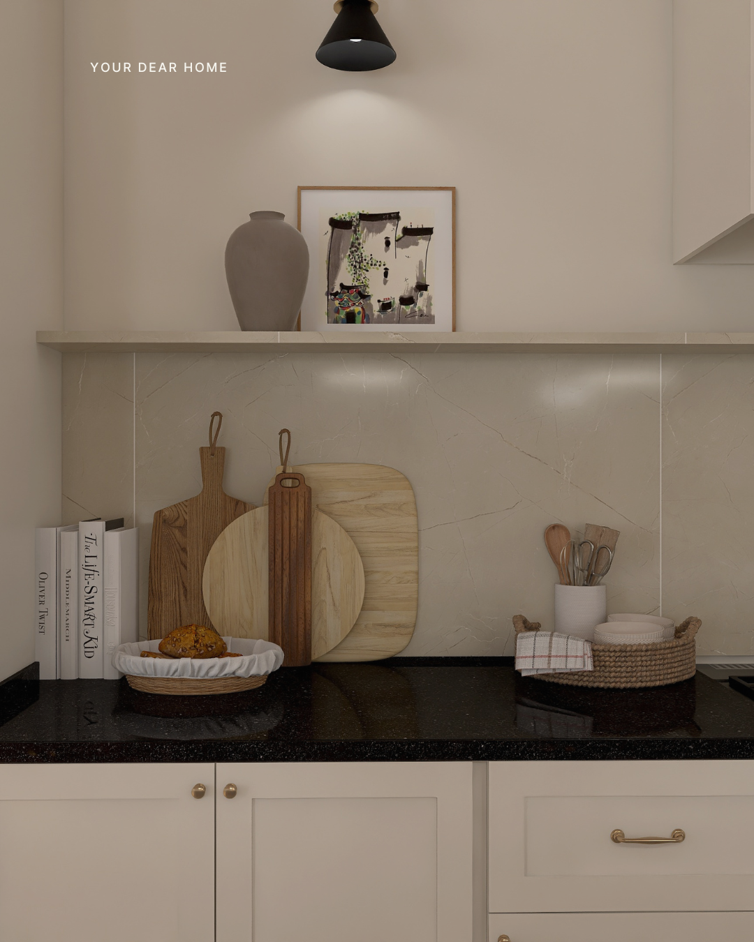 Kitchen countertop styling idea using fresh produce, wooden trays, and neutral decor for a clean designer look