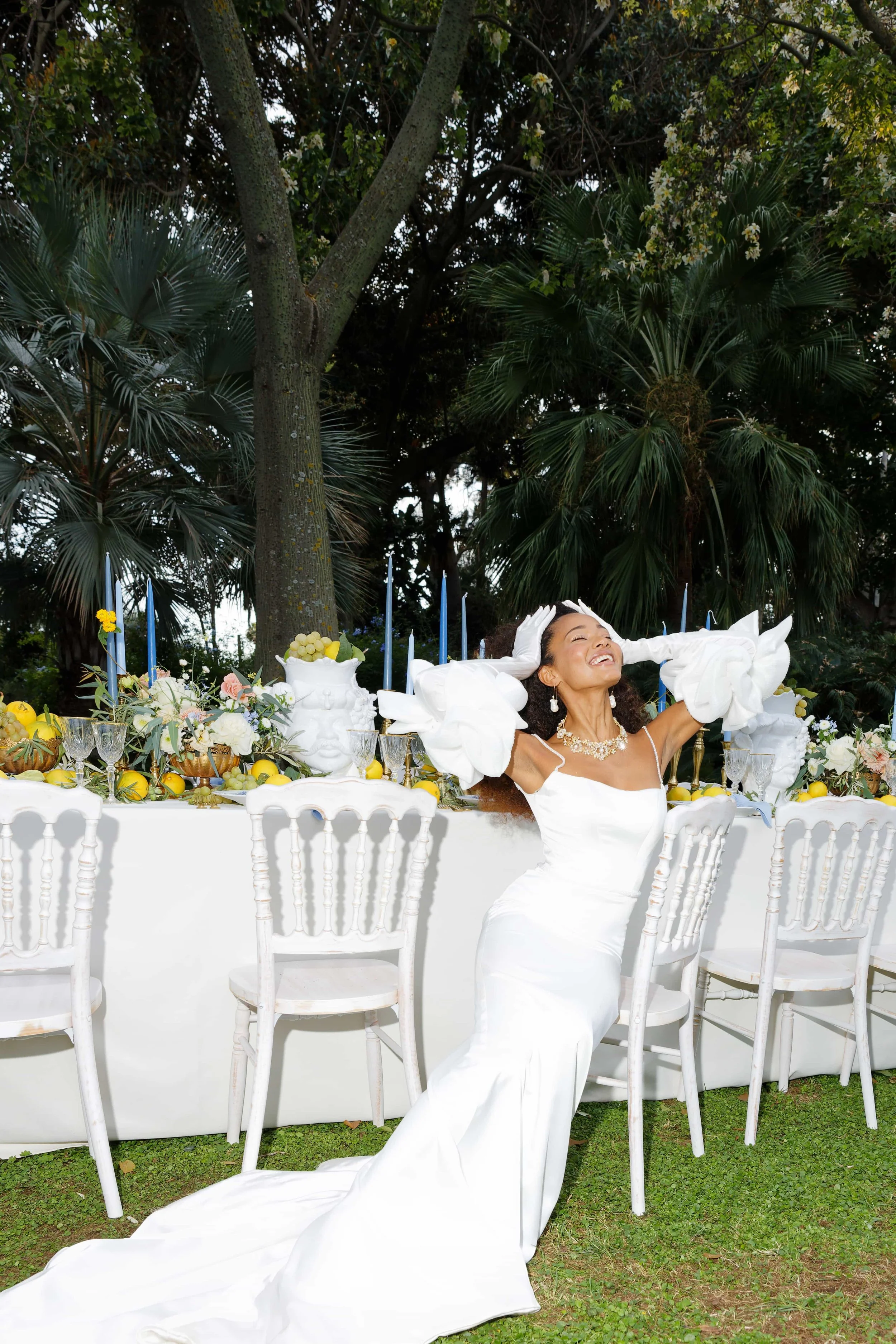 bride shoot with lemon table setup