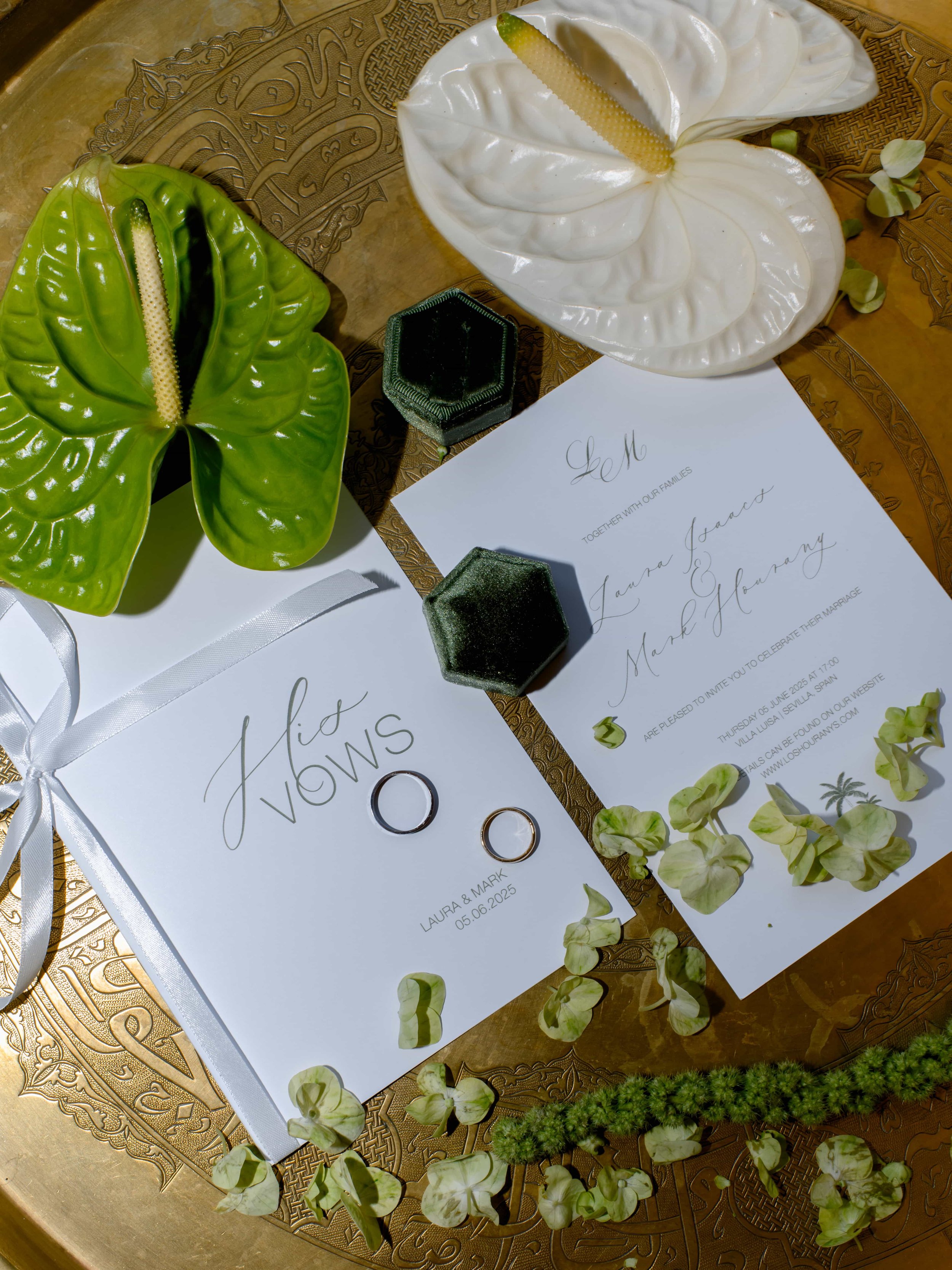Wedding branding shoot with white and green anthurium 
