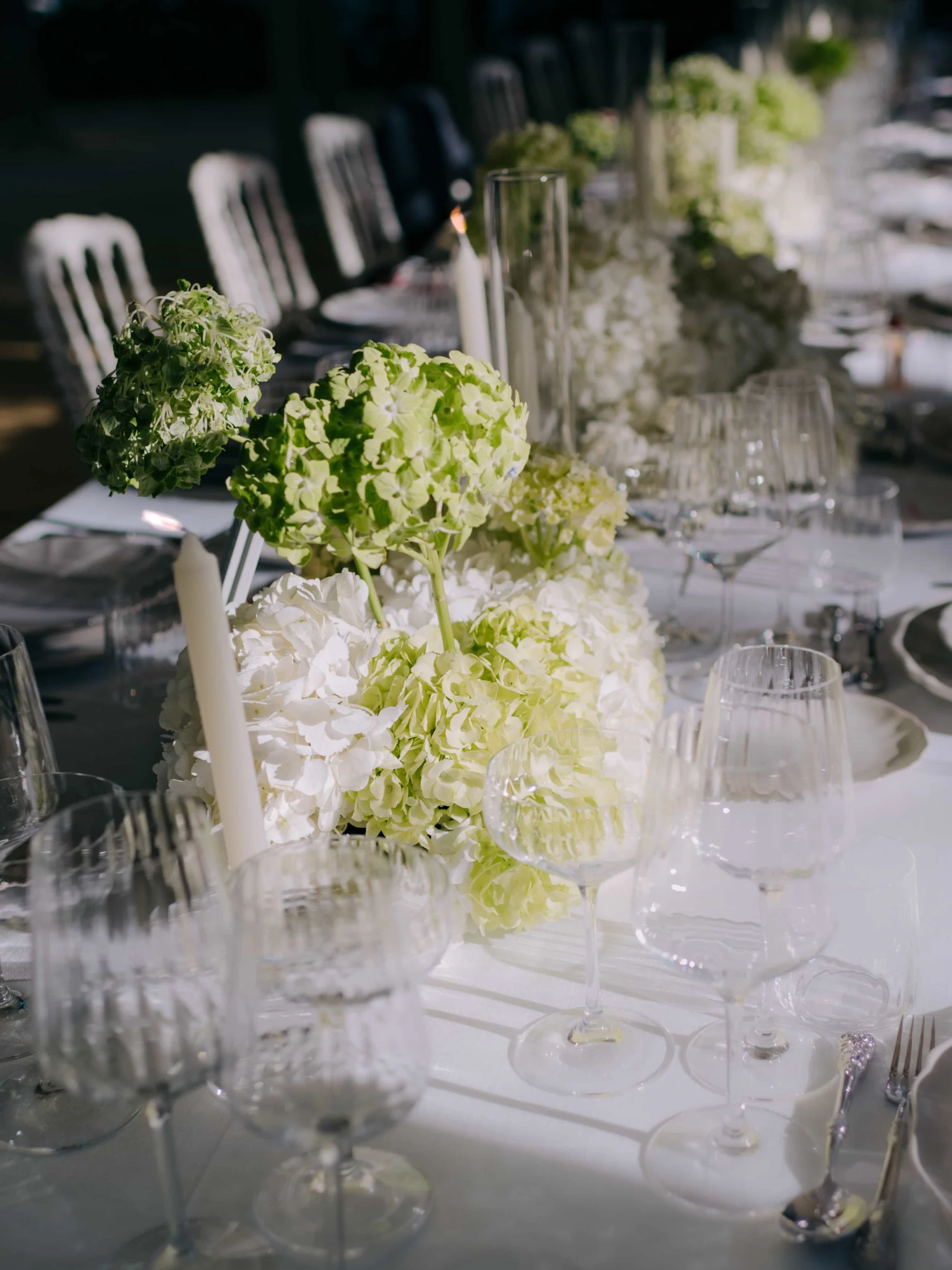 white and green hydrangeas wedding setup 