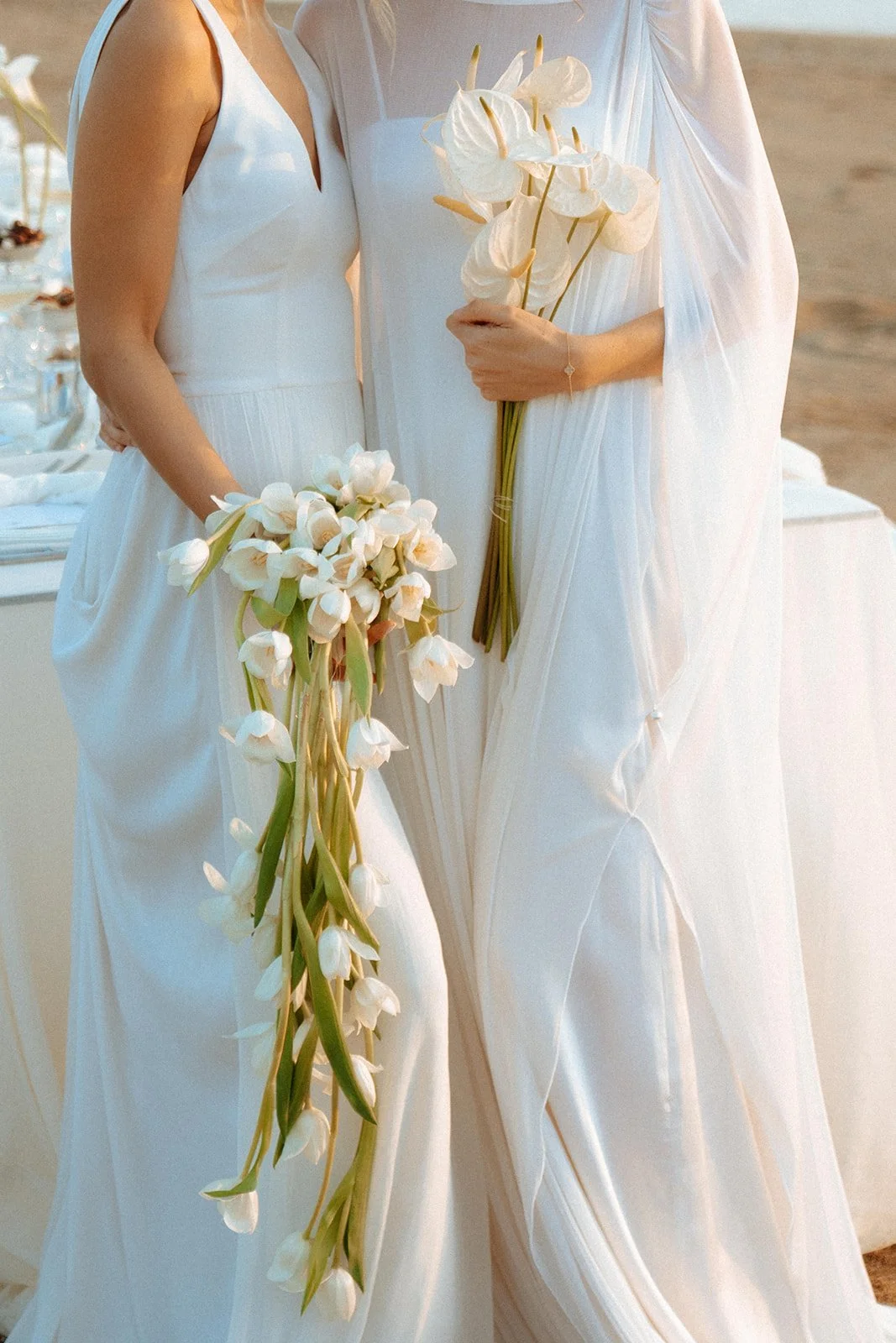 close up shot on white tulip and white anthurium bridal bouquets 