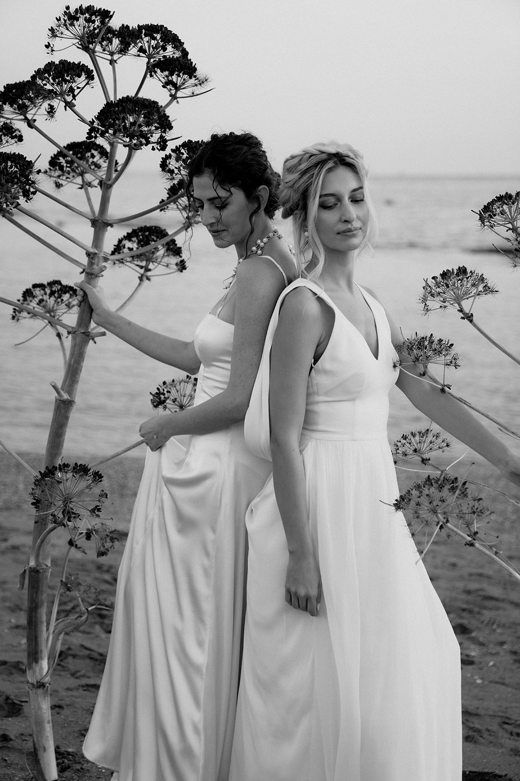 2 brides in black and white picture holding natural elements from the sea surroundings 