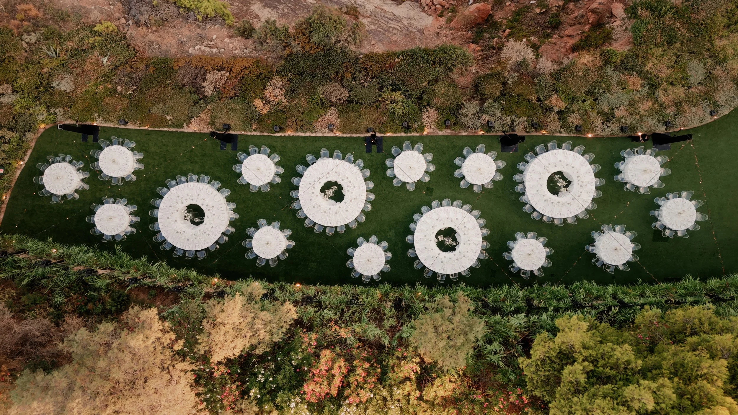creative wedding table setup, drone shot