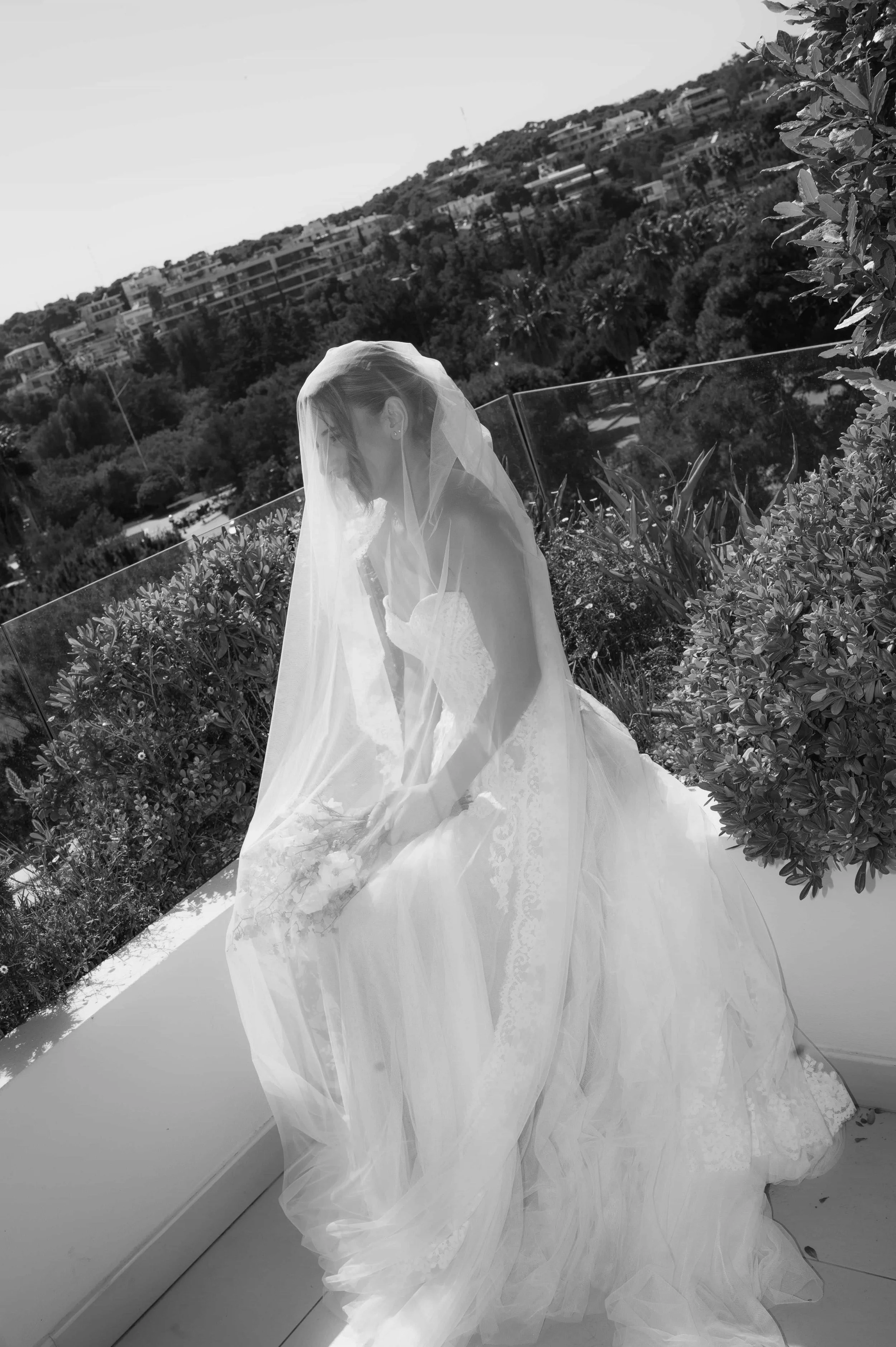 black and white bridal shot