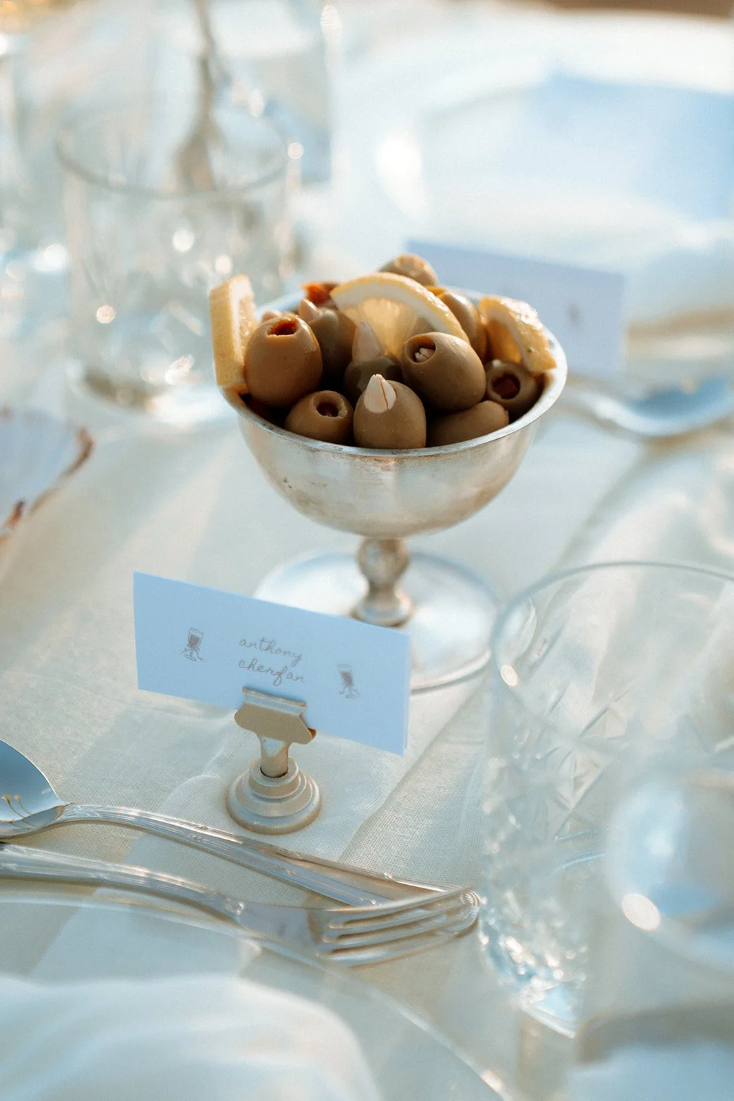 green olives in a silver cup wedding