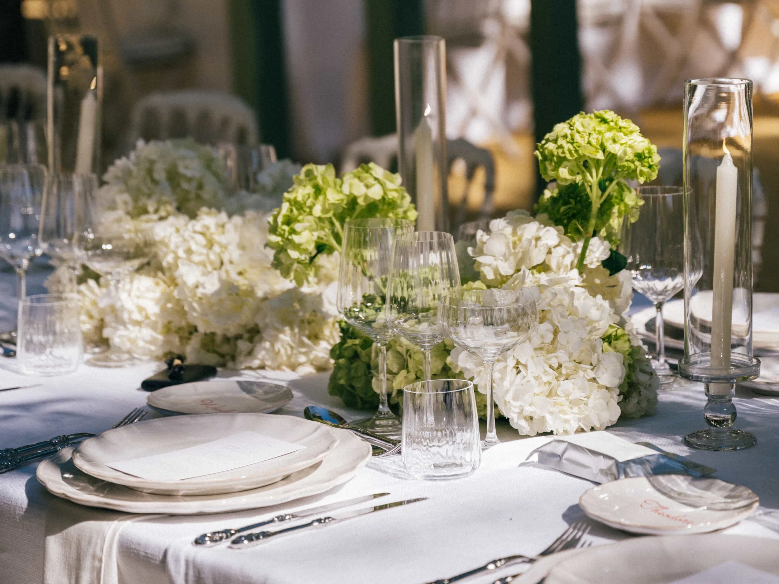 green and white hydrangeas setup 