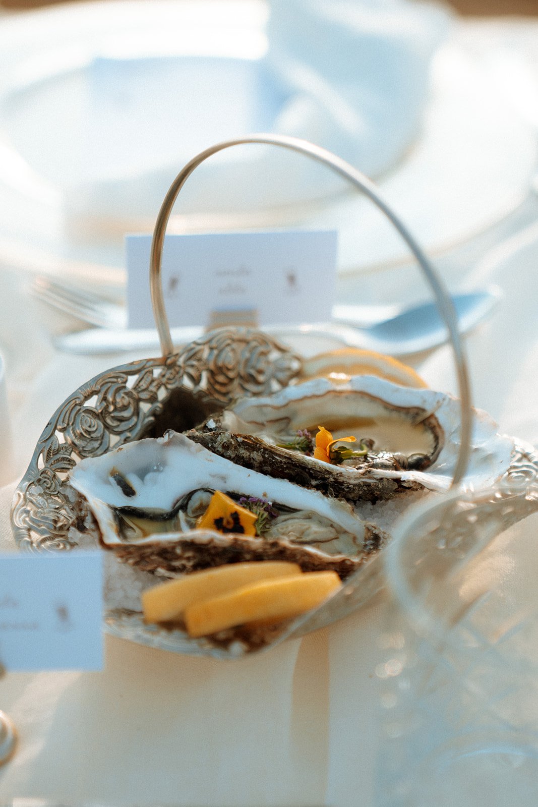 mussels wedding decoration in silver basket