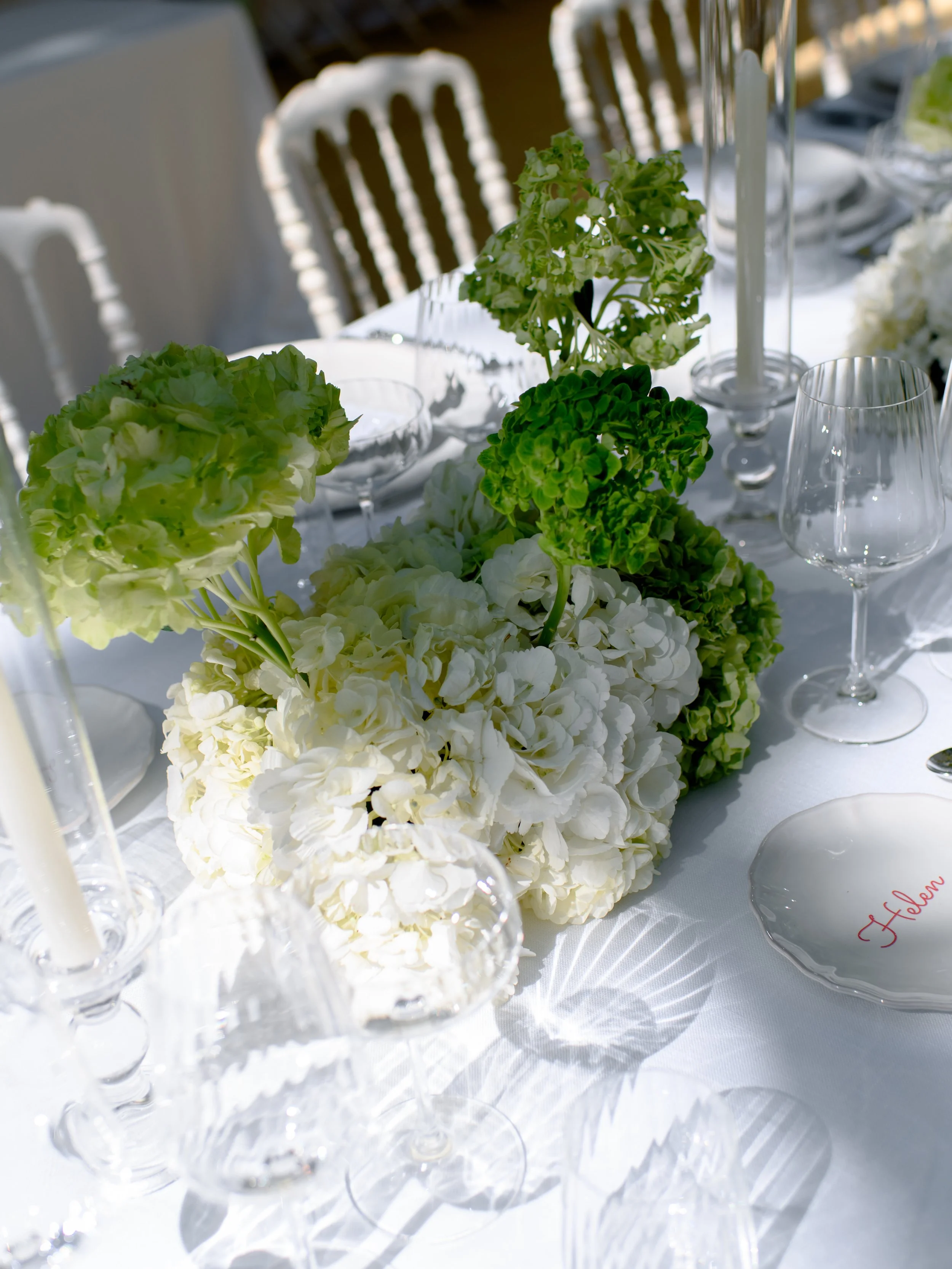 white and green hydrangeas wedding setup
