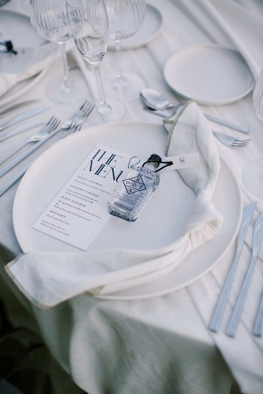 mastic wedding favor with menu and white gauze napkin