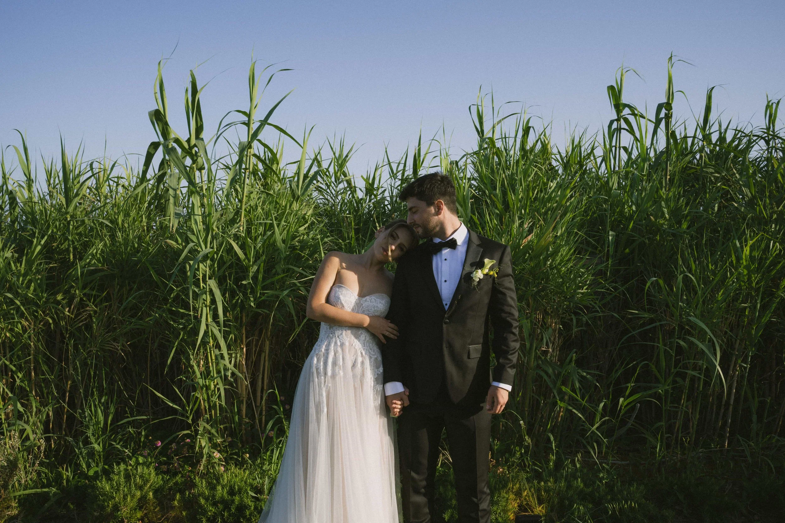 couple posing around greenery