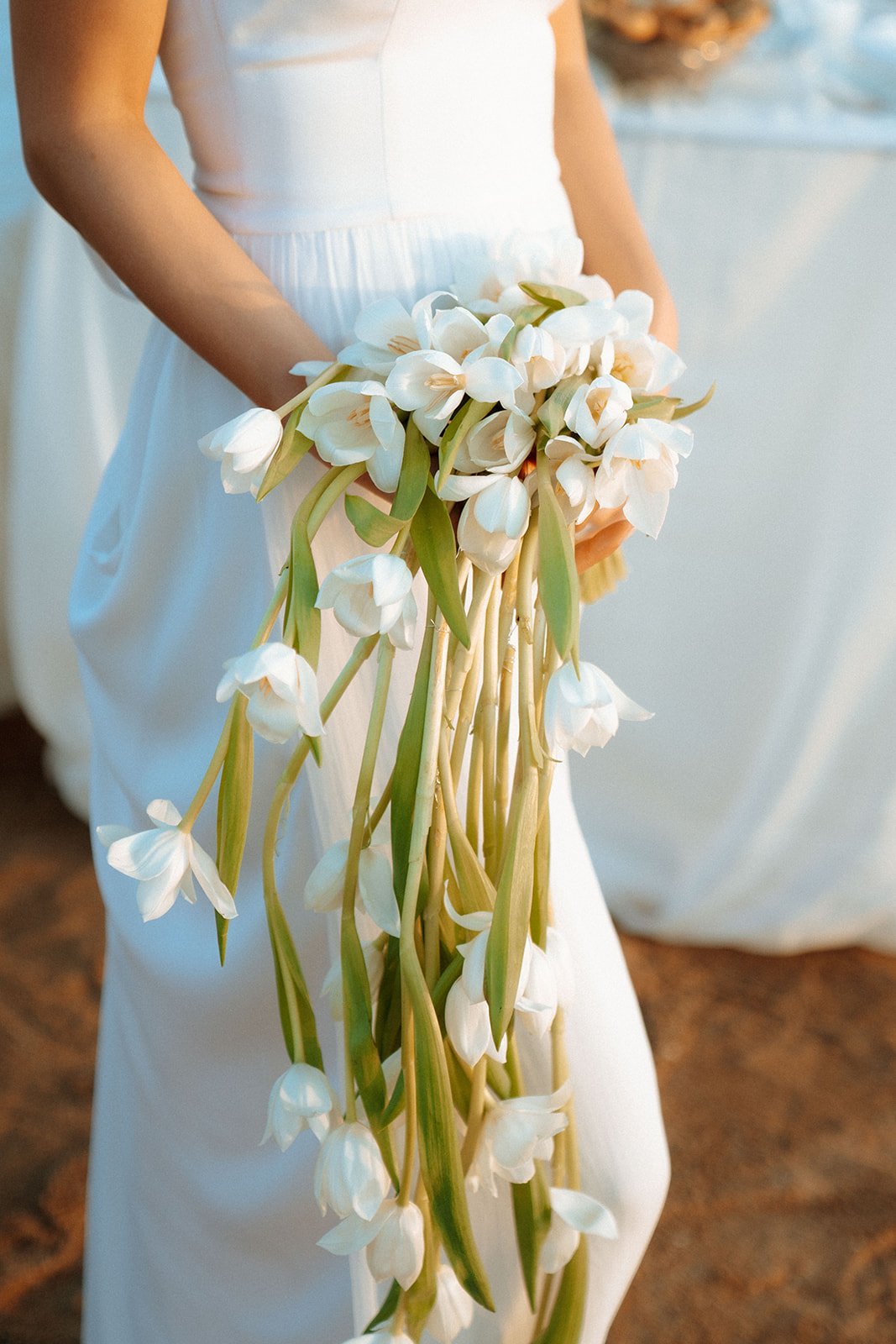 cascading white tulip wedding bridal bouquet 