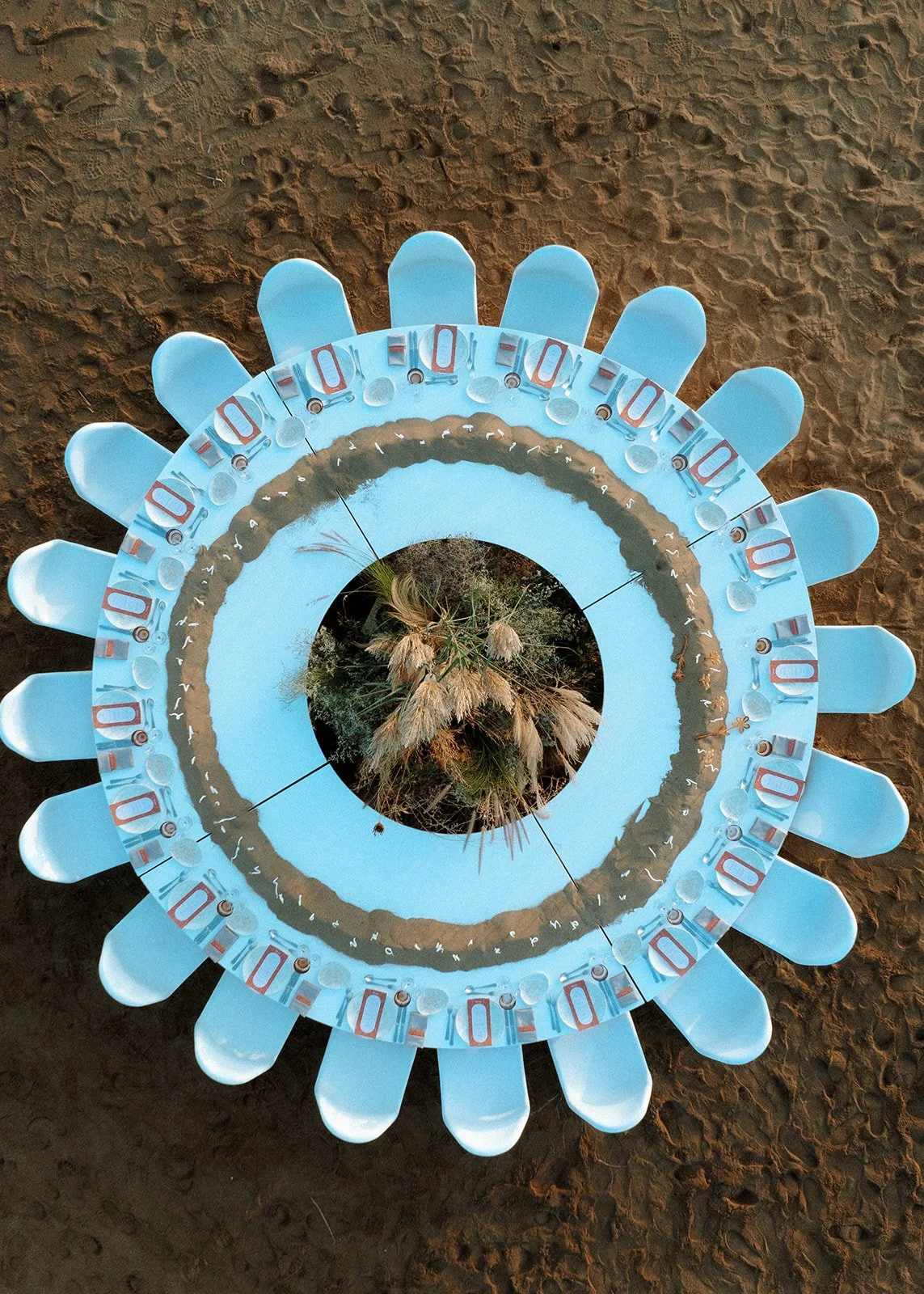 flower-like table setup from a drone shot
