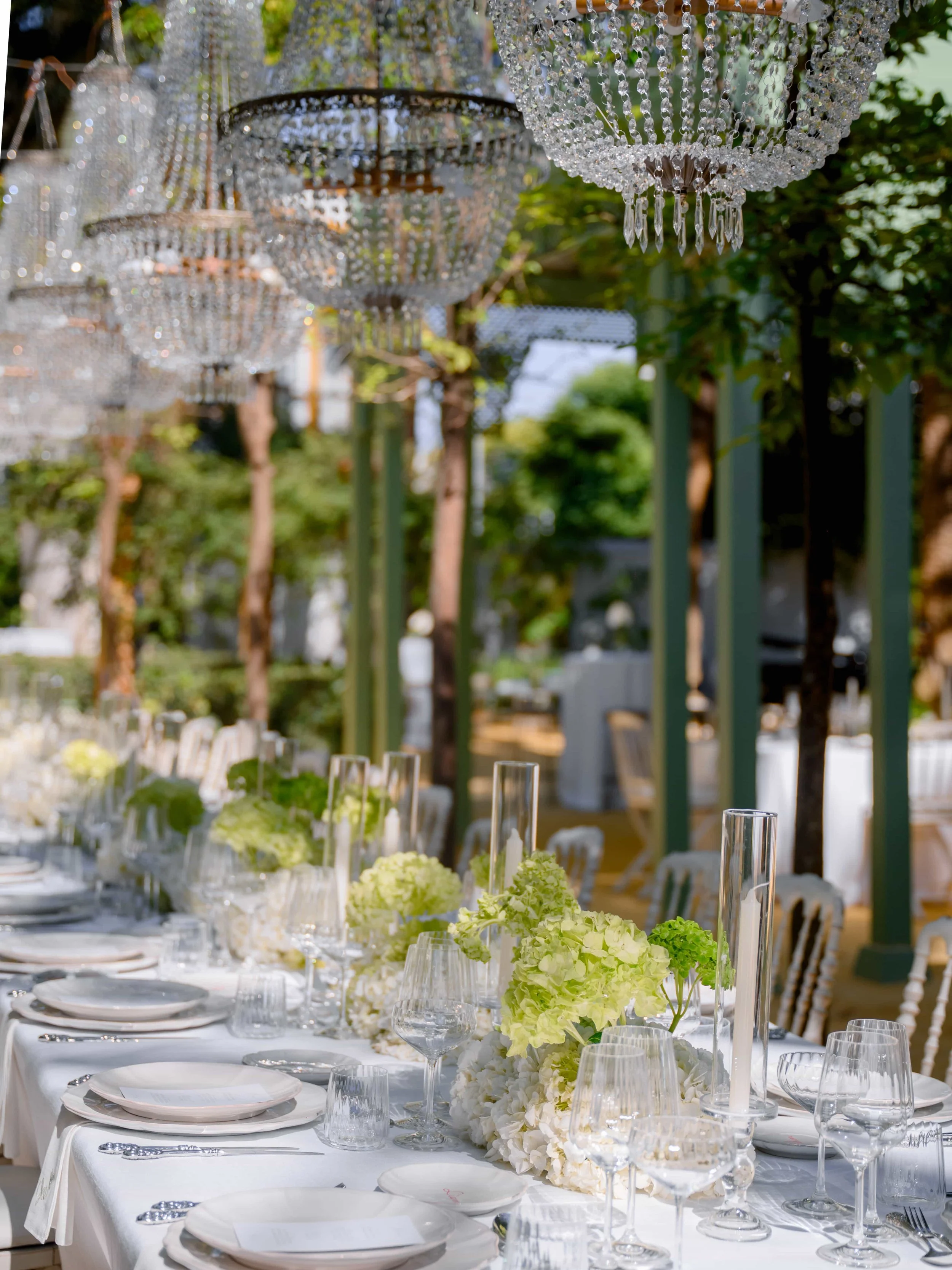 green and white hydrangeas wedding setup 
