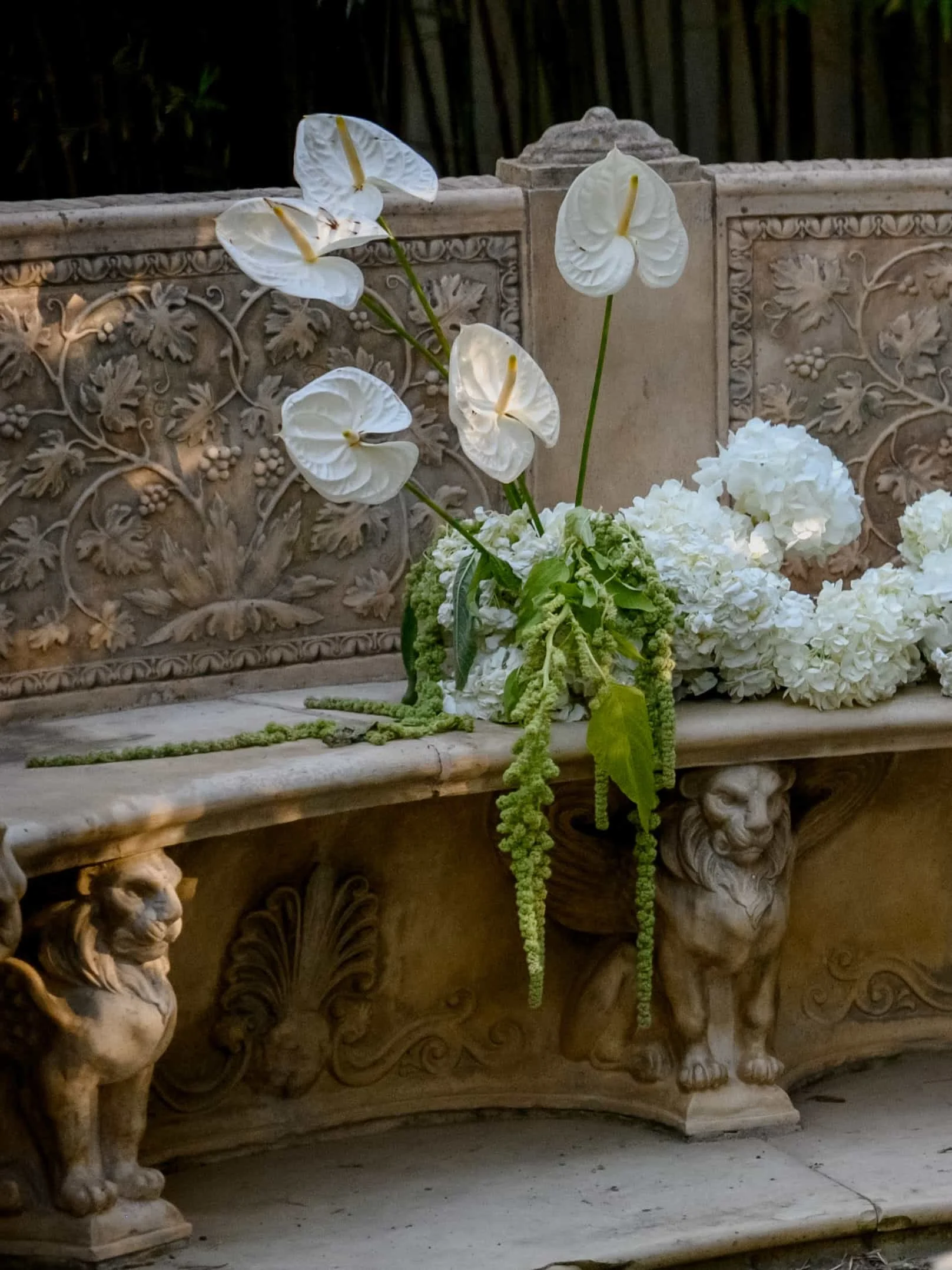 white hydrangeas, green amaranthus and white anthurium 