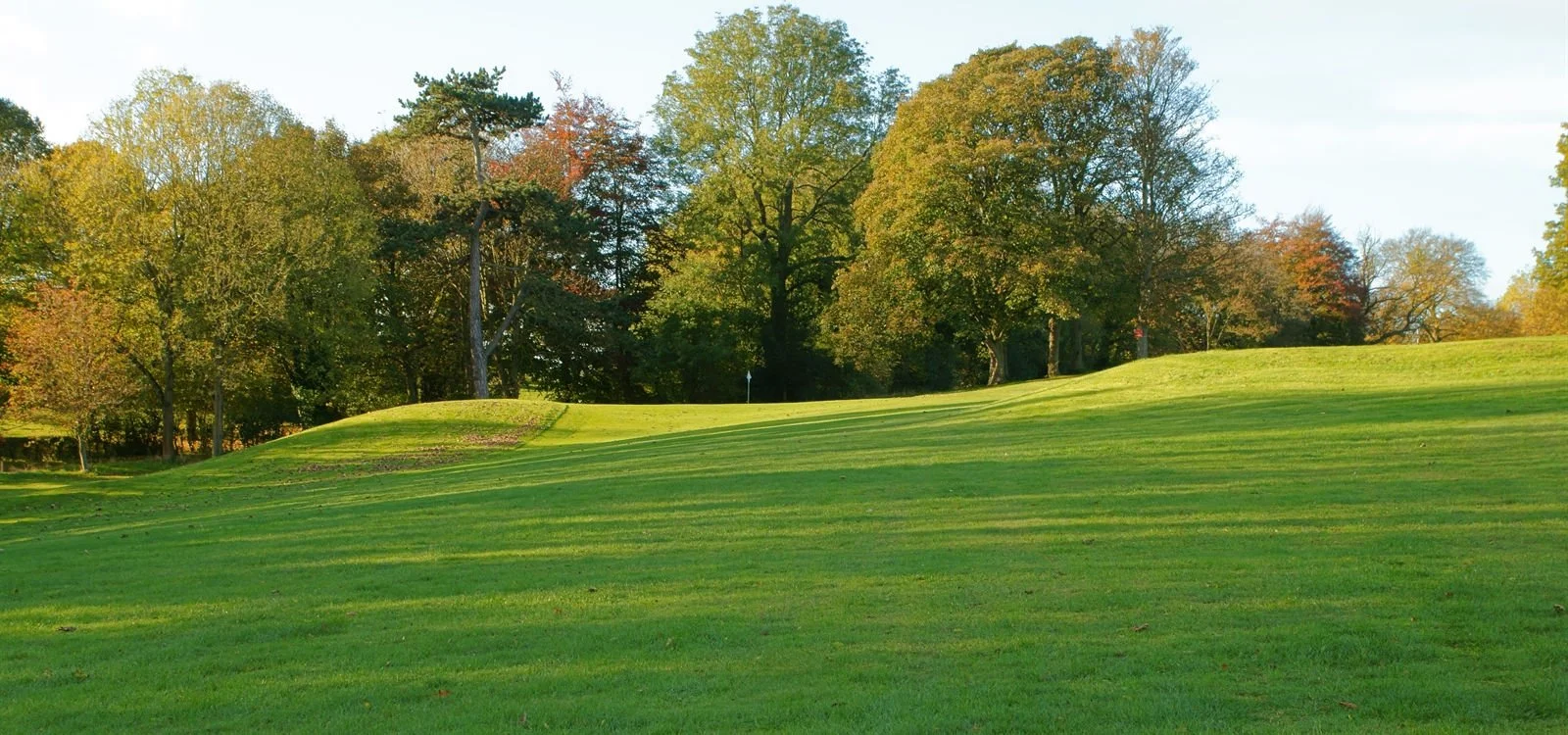 A golf course with green grass, trees in fall colors, and a flag on the green