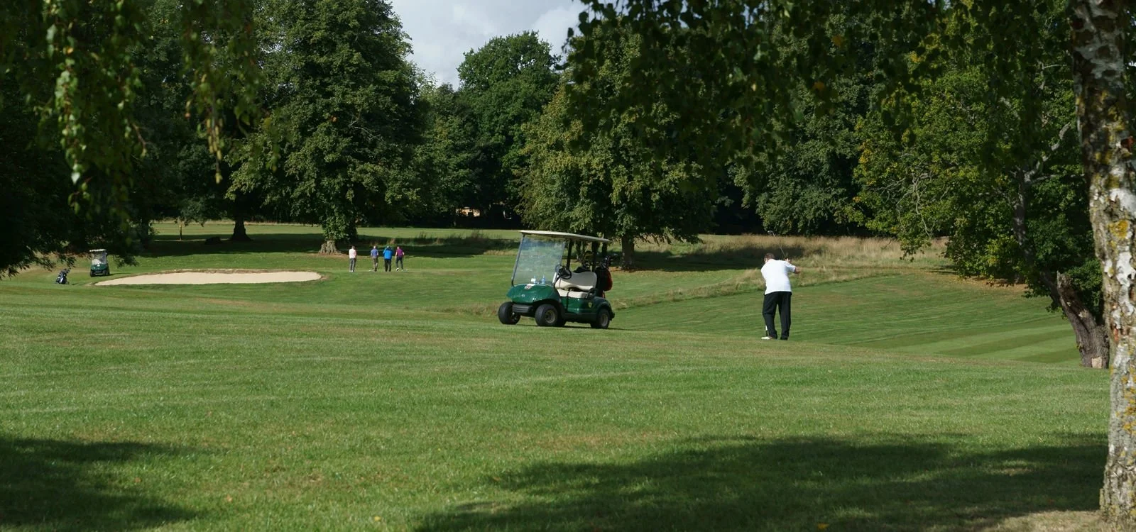 Golf course with a golfer preparing to swing, a golf cart nearby, and several people in the background near a sand trap and trees.