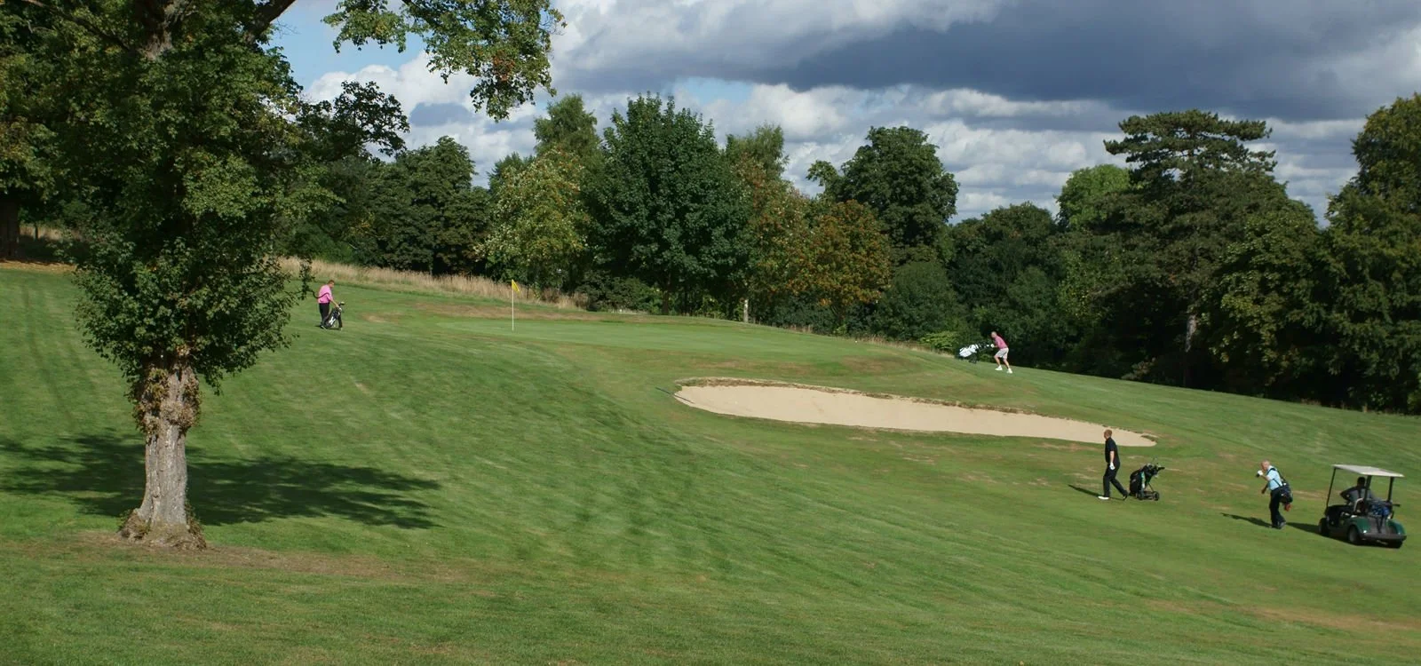 People playing golf on a grassy course near a sand trap, with trees and cloudy sky in the background.