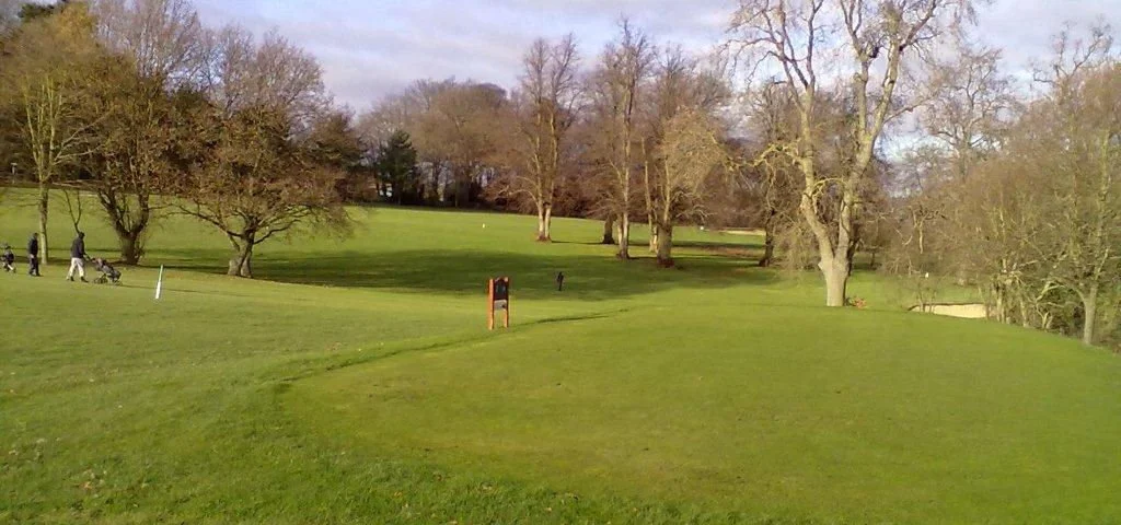 A golf course with a wide expanse of green grass, trees without leaves, and a few people playing golf in the distance.