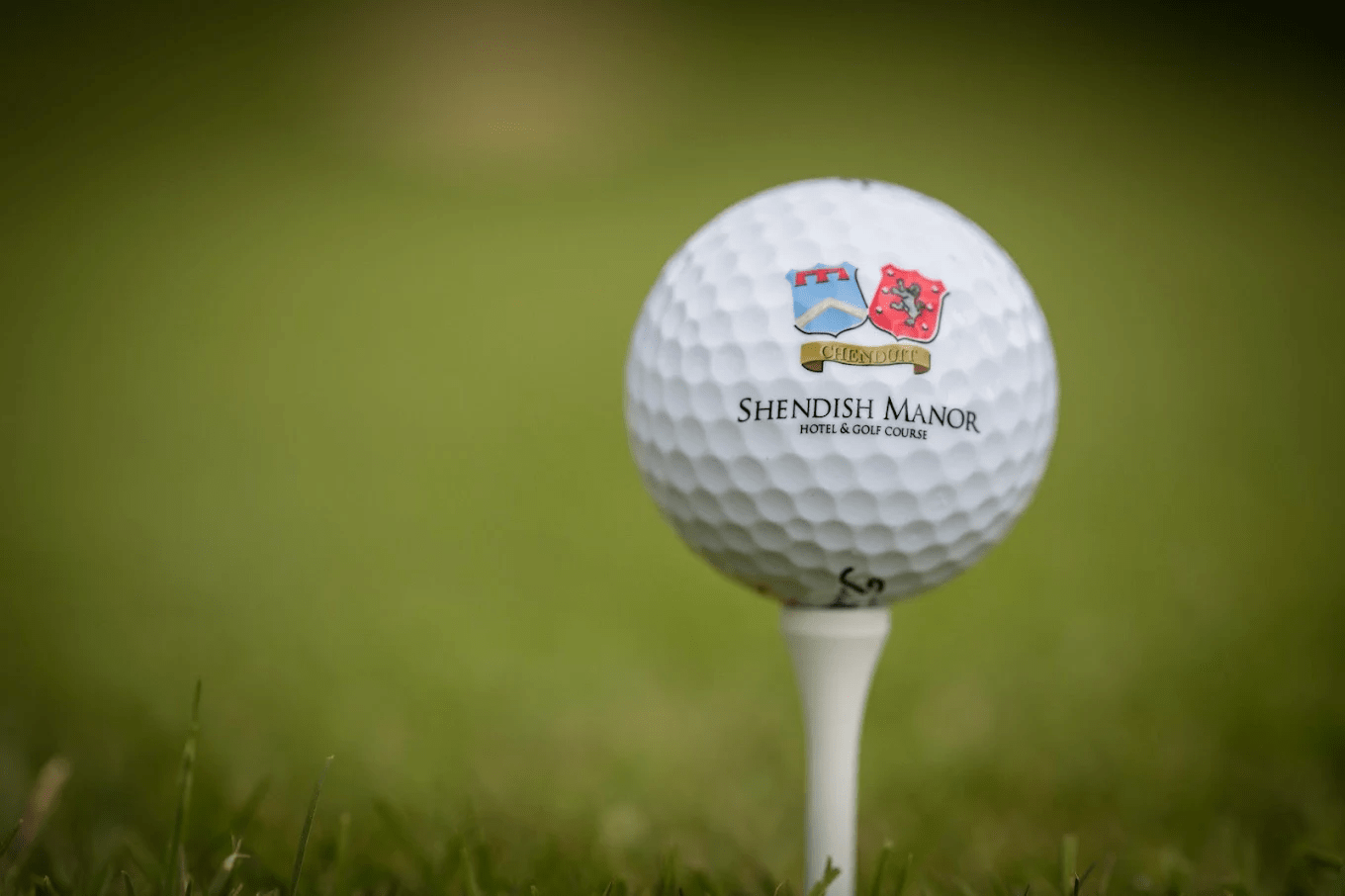 Golf ball with the logo and name of Shendish Manor Hotel and Golf Course, mounted on a tee on a golf course grass.