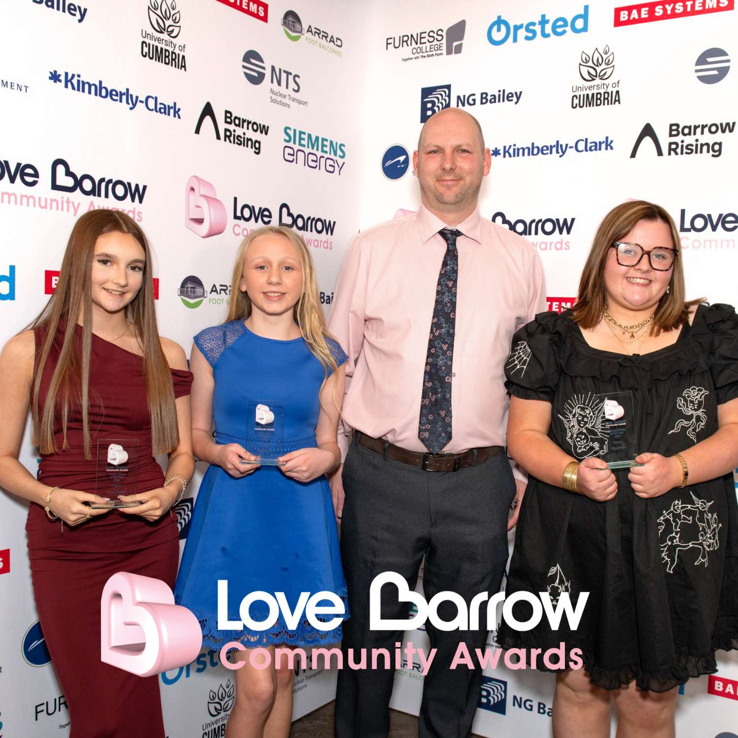 2026 Young Citizen of the Year Award | L-R  Finalist Autumn Fisher , Finalist  Ellie Walker, sponsor Kimberly Clark James Doughty, Winner Tilly Lawson 