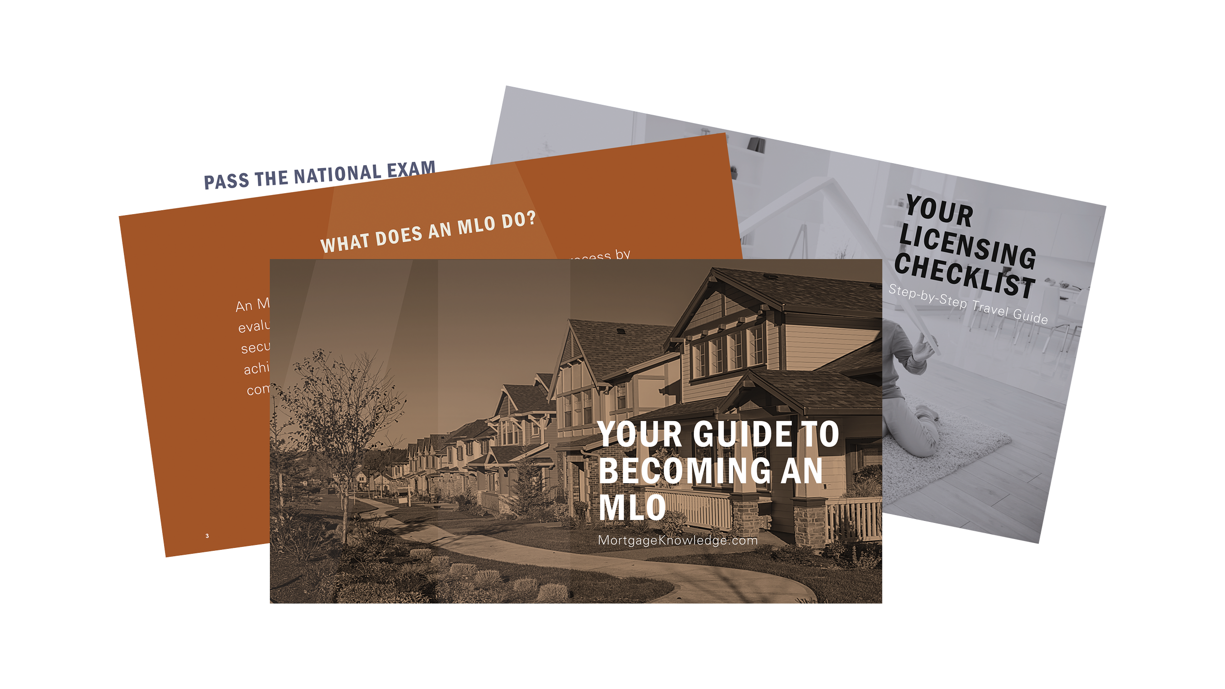 Stack of guides for becoming a Mortgage Loan Officer, including national exam preparation, licensing checklist, and MLO role description.