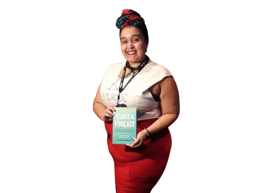 photo of my at Podfest 2020 holding the book, Start a Podcast, that I won during a WOC Podcasters meetup