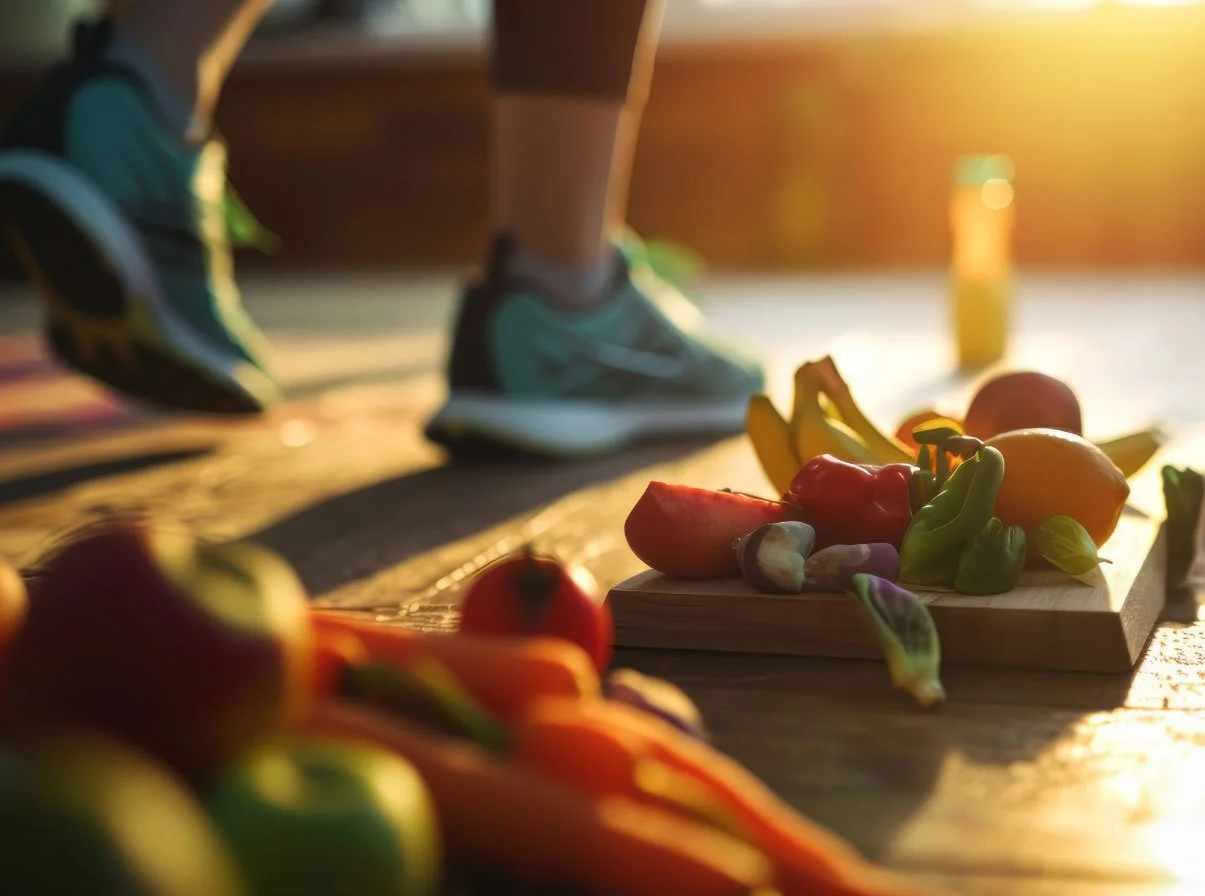 person exercising with fresh fruit nearby