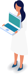 Illustration of a woman with long dark hair holding an open laptop.