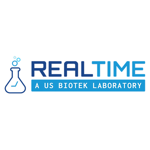 Logo with the text 'REAL TIME' and 'A US BIOTEK LABORATORY', featuring a laboratory flask with bubbles on the left side.