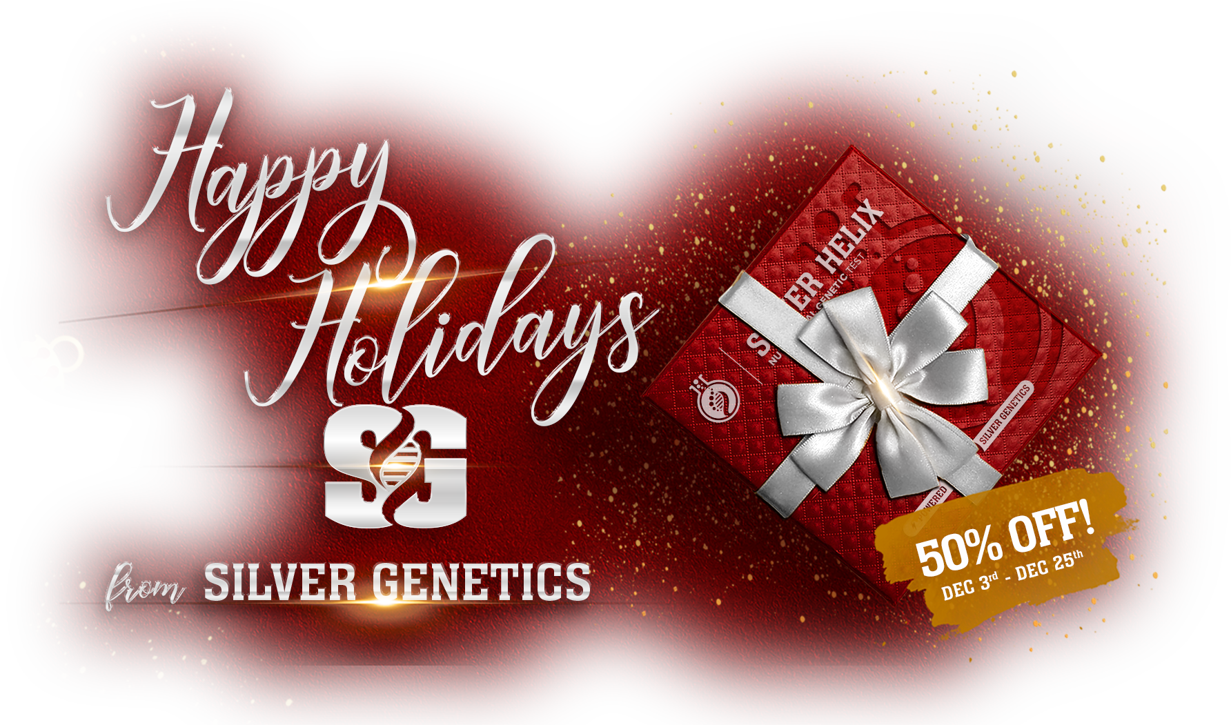 Holiday promotional graphic with red background, gold confetti, a silver and red gift box with a silver ribbon, and text offering 50% off from Silver Genetics for the holiday season, dated from December 3rd to December 25th.