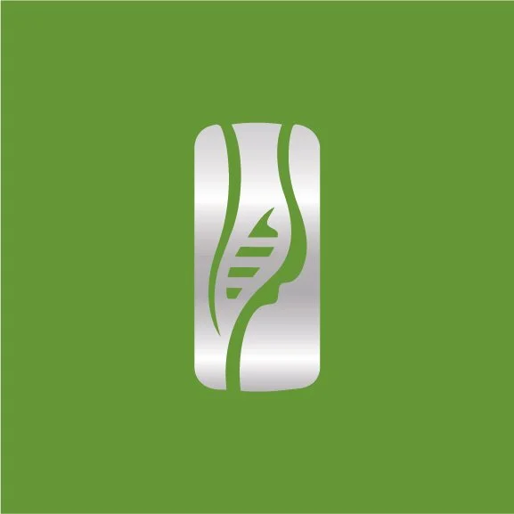 Green background with a silver metallic symbol resembling a stylized leaf or plant.