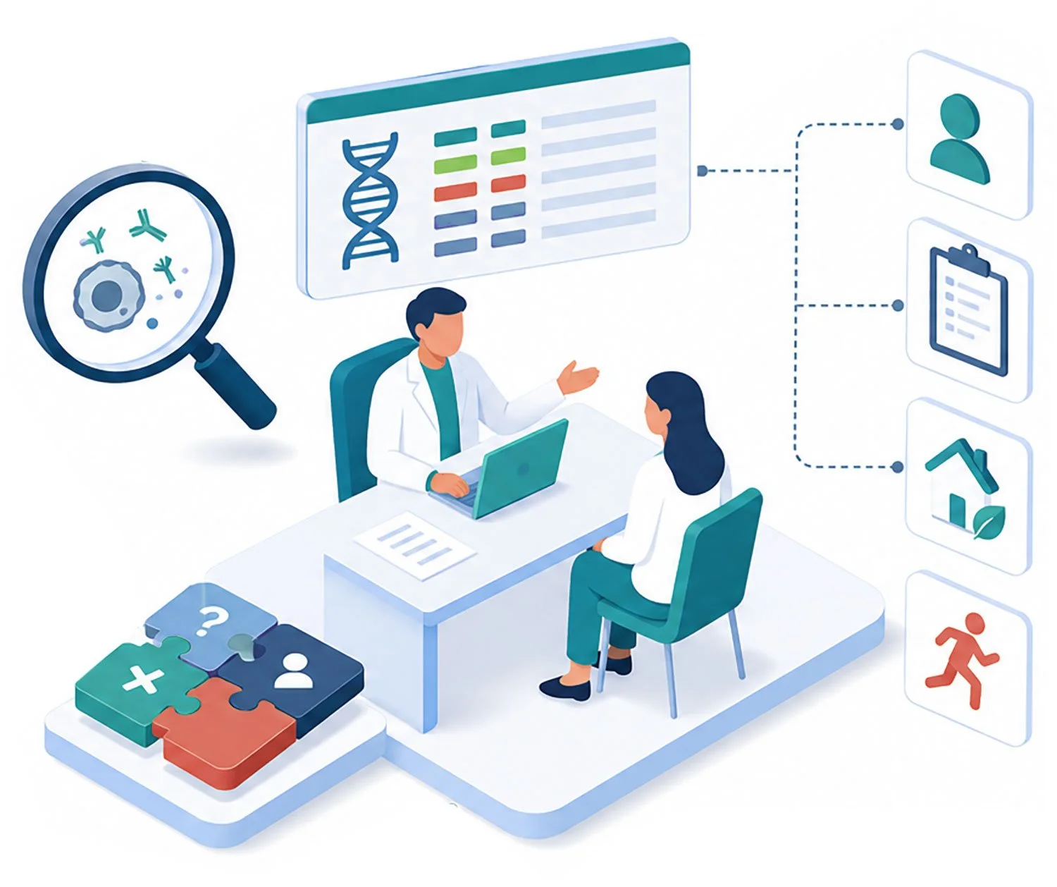 Medical professionals discussing genetics, DNA analysis, patient data, and disease research with icons representing healthcare, home environment, and patient movement.