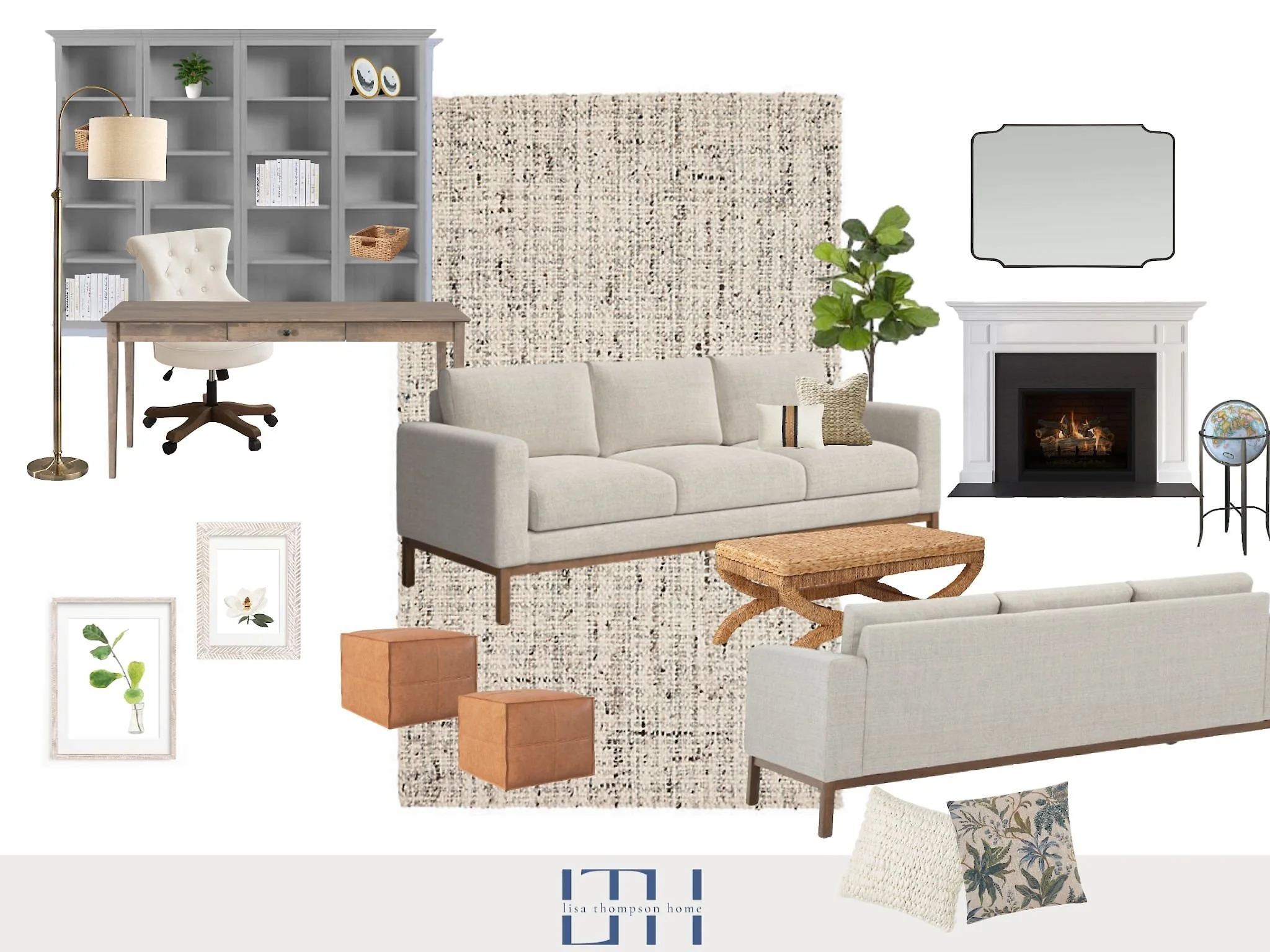 Living room with a beige sofa, fireplace, bookshelf, desk, white chair, floor lamp, potted plant, decorative pillows, framed artwork, small ottomans, rug, and mirror.