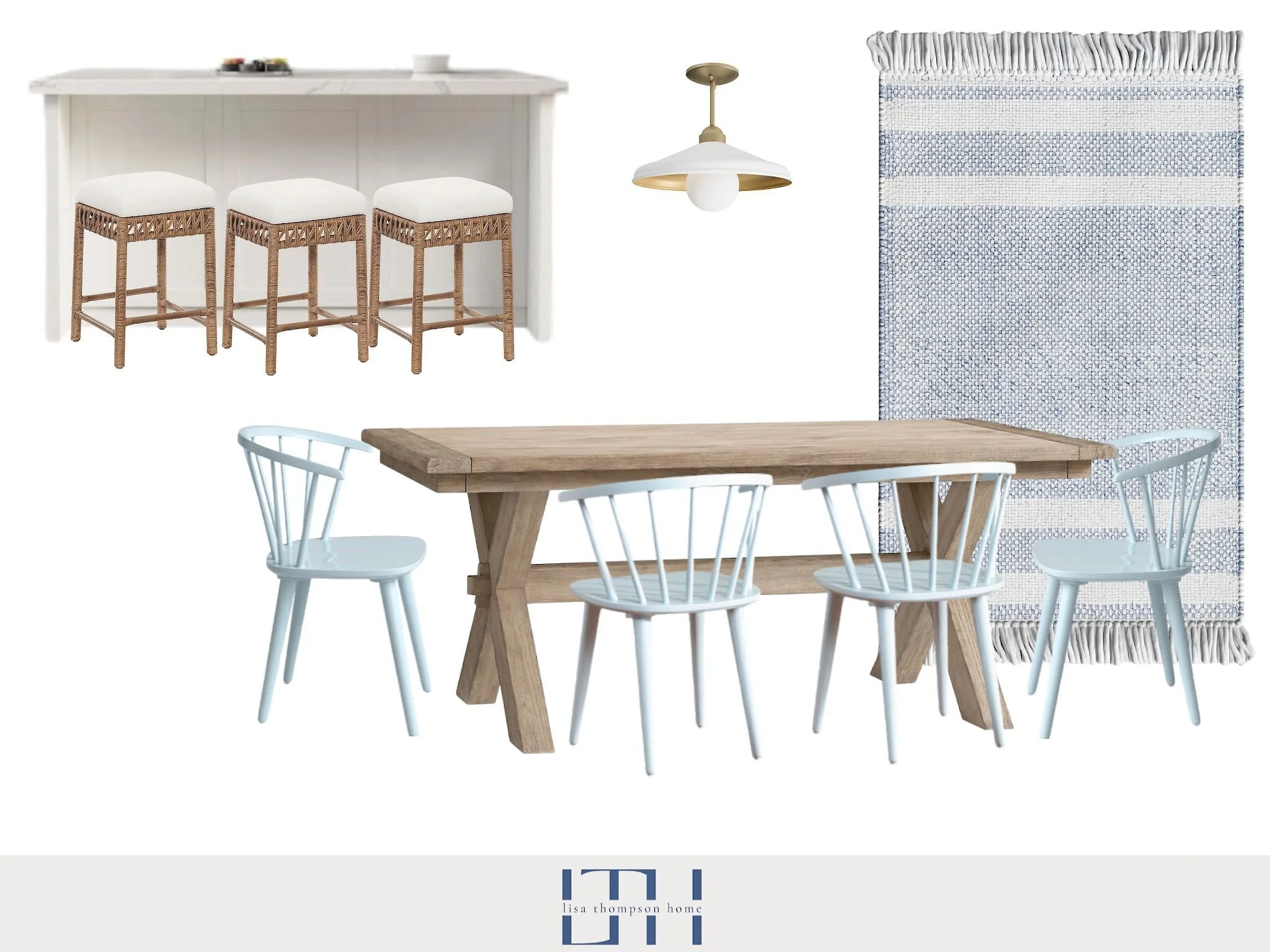 Interior design with a wooden dining table surrounded by white chairs, a woven rug with blue and white stripes, a rattan bar with three stools, a white ceiling light fixture, and a white and blue patterned curtain.