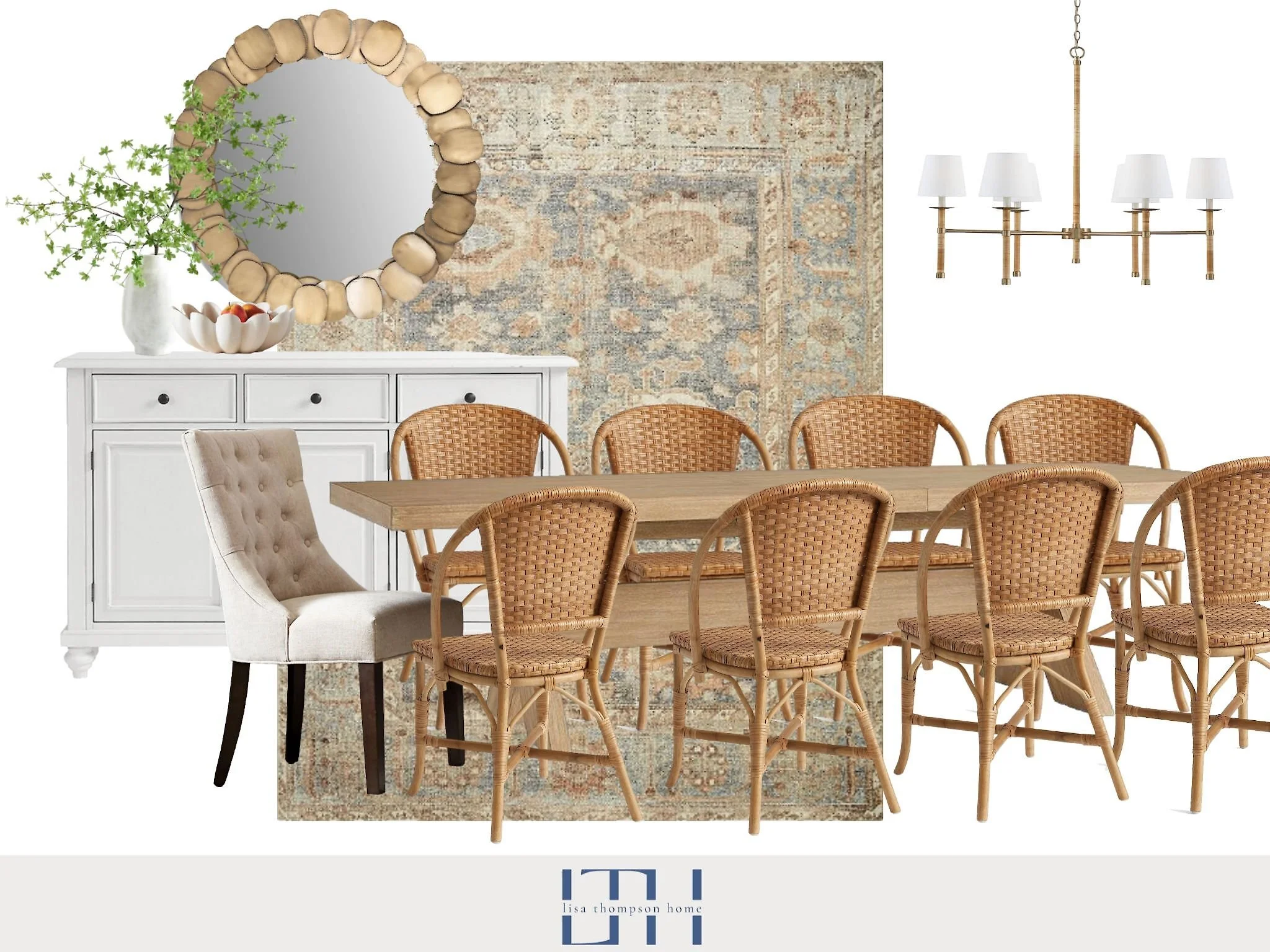 Dining room with a rectangular wooden table surrounded by wicker chairs, a white sideboard with a plant and bowl on top, a patterned rug, a large mirror with a shell frame, and a chandelier with white lampshades.