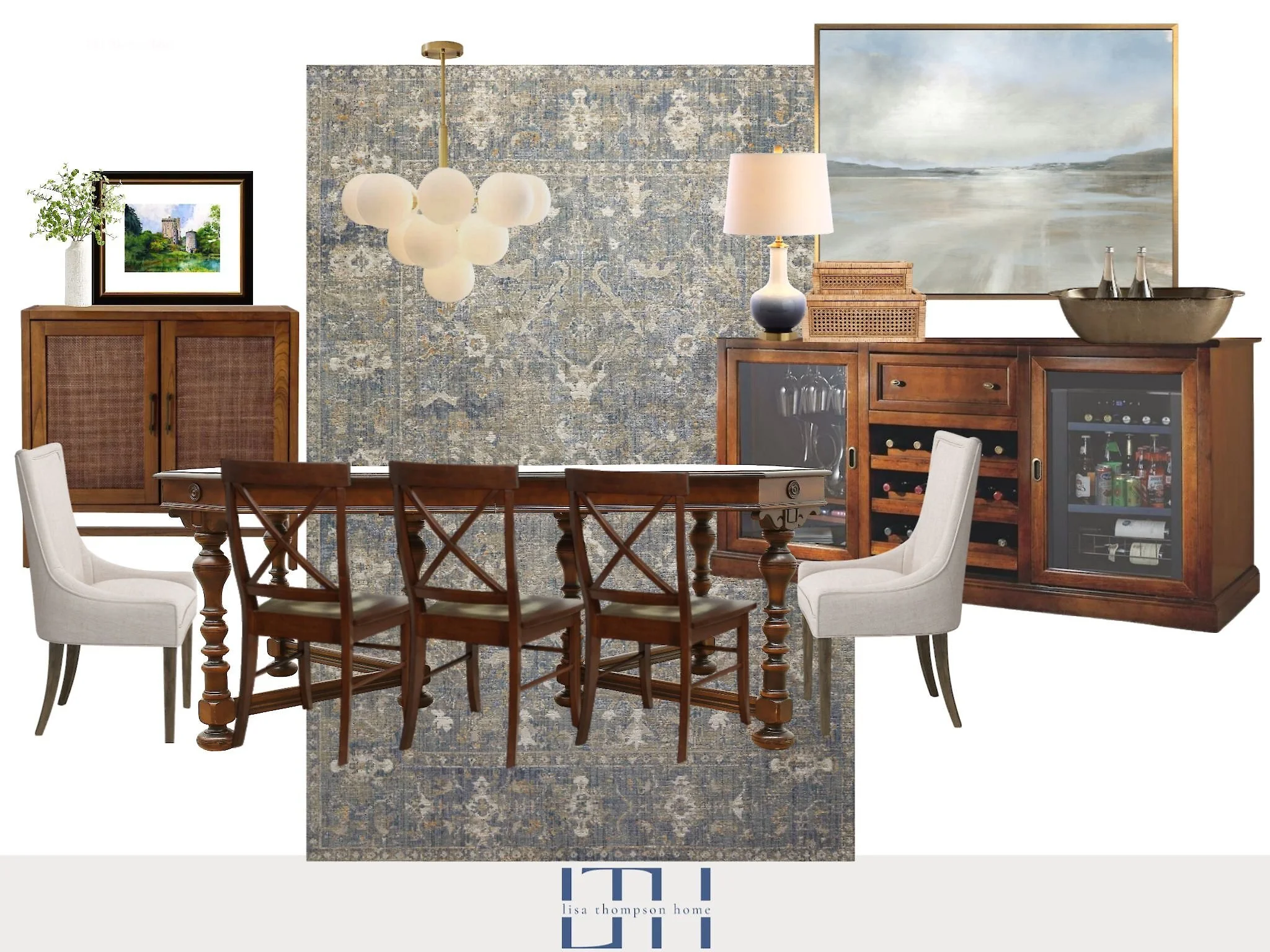 A dining room with a wooden dining table surrounded by five chairs, two white and three brown, on a patterned blue and gray rug. There's a wooden sideboard with a lamp, a wicker basket, and a large landscape painting above it. A wooden cabinet with a