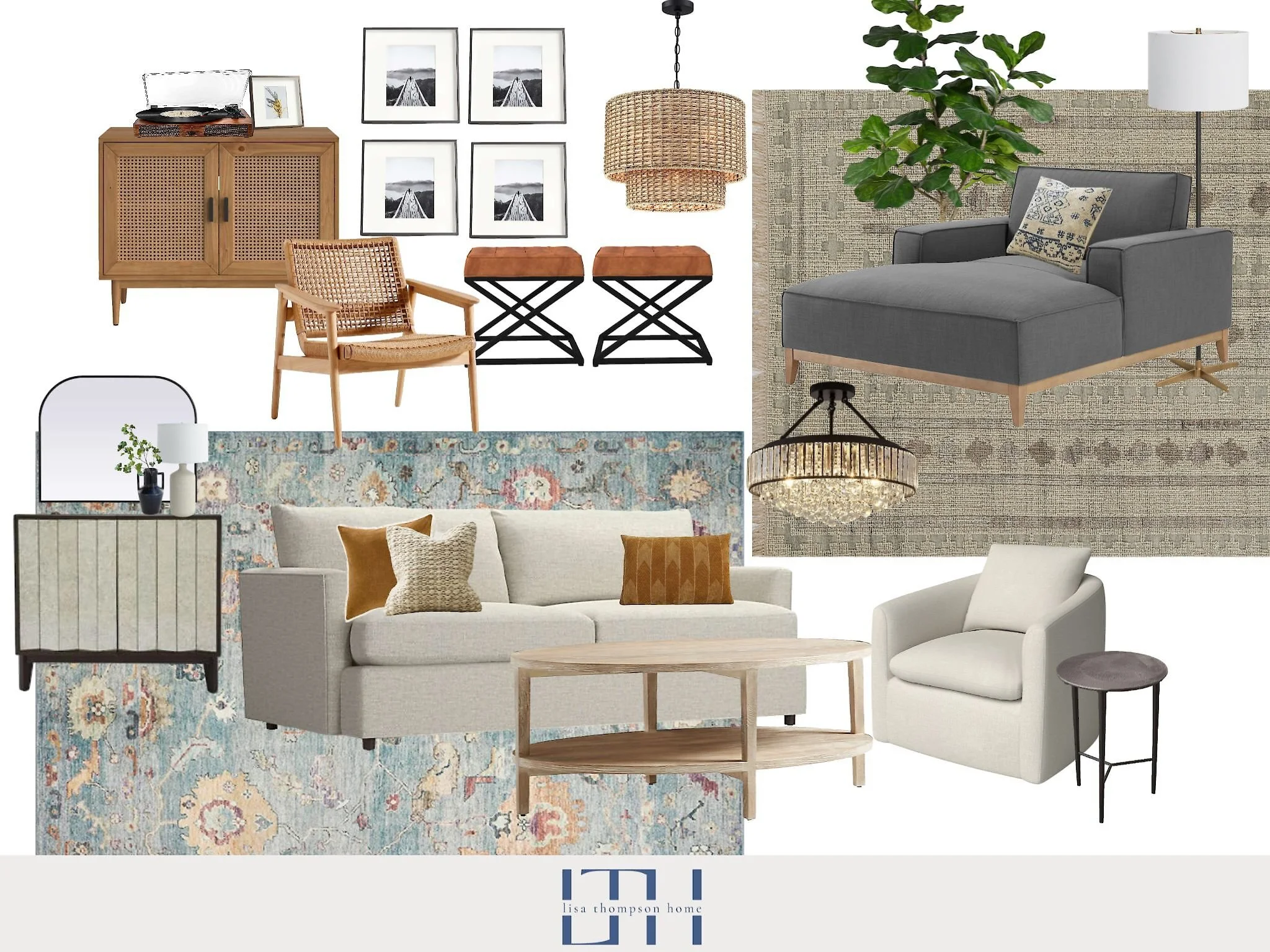 A collage of living room furniture including a gray sofa with throw pillows, a white armchair with a side table, a wooden coffee table, a sideboard, a chair, two small stools, wall art, a plant, lamps, and a chandelier.